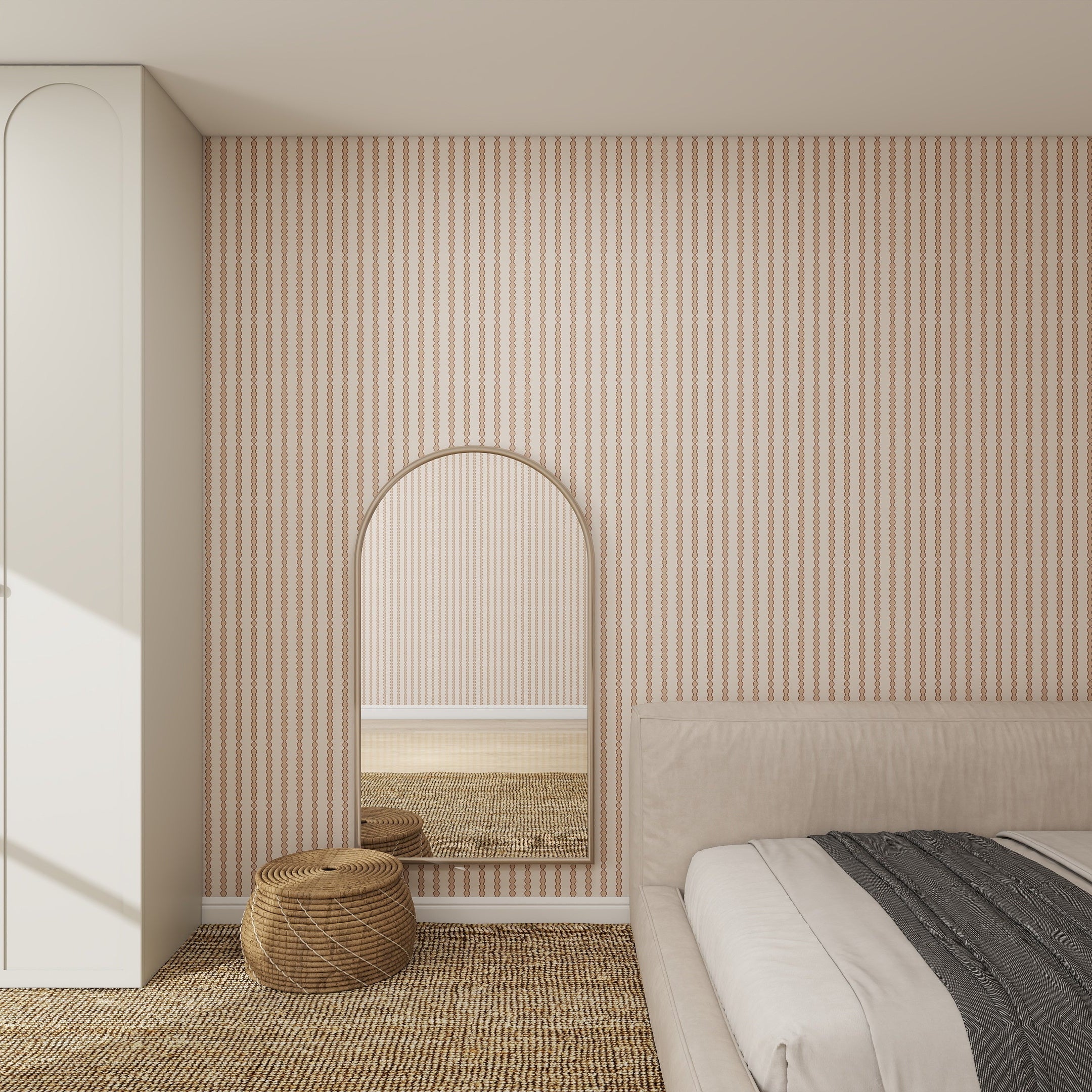 A minimalist bedroom with a bed, neutral hues, natural textures, and a large mirror highlights the calm, modern atmosphere and showcases the quality of Little Abacus Stripe Rose Wallpaper | Sample.