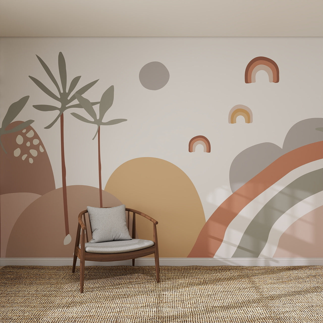 A minimalist room with a wooden chair and gray cushion on a woven rug, featuring the Abstract Wren Wallpaper Mural with shapes, rainbows, and plant silhouettes in earthy tones.
