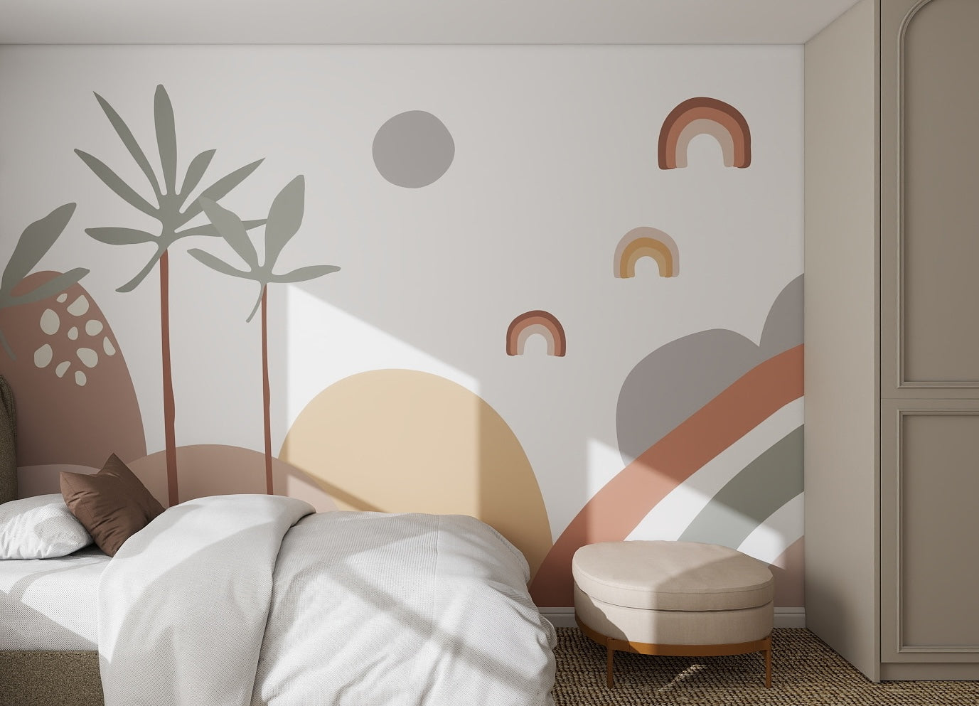 Minimalist bedroom with modern decor, featuring a white bed, beige ottoman, and the Abstract Wren Wallpaper Mural with rainbows, plants, and geometric shapes in muted earth tones. Natural light enters from the left.