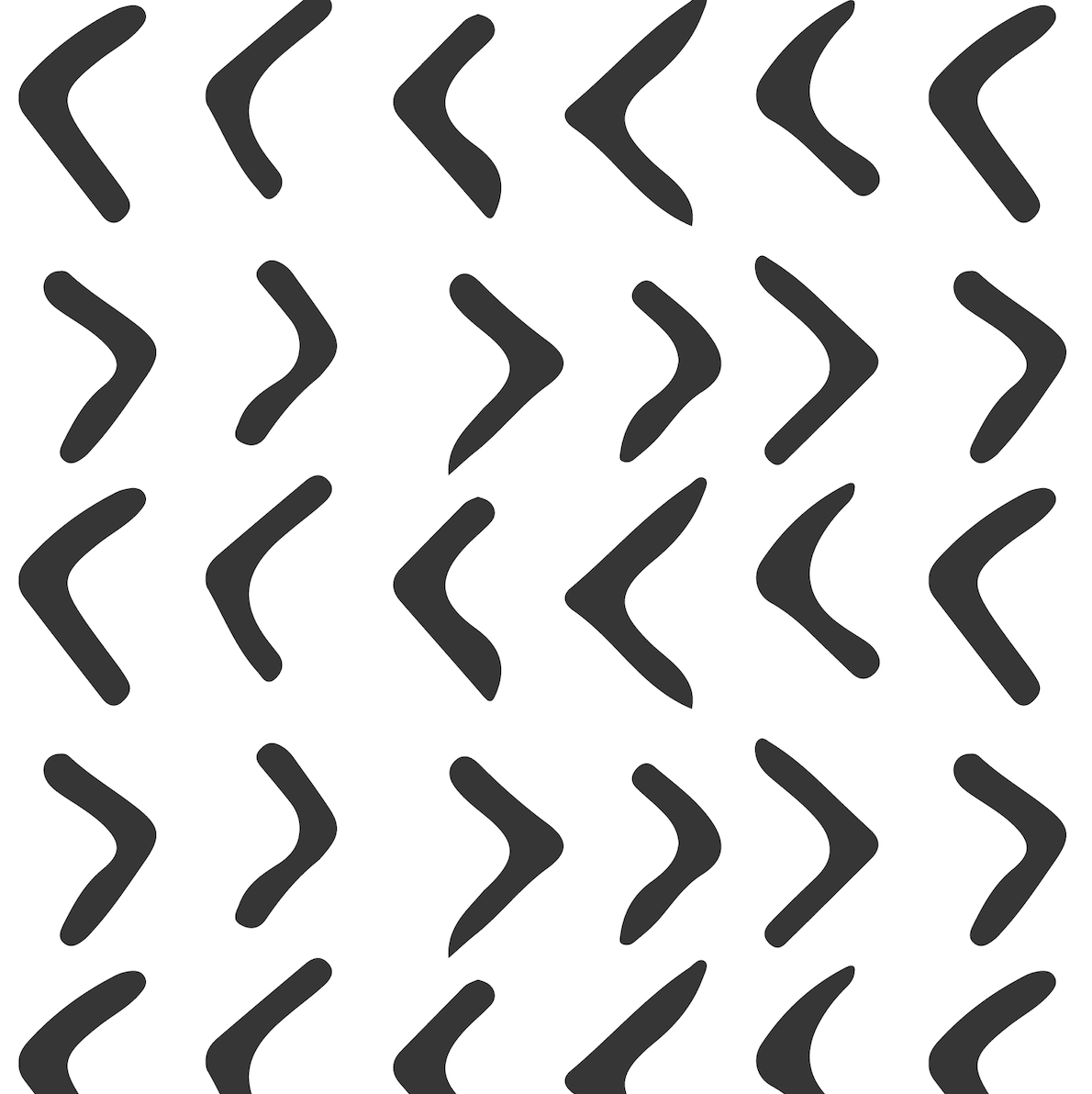 A playful, seamless repeat of black boomerang shapes arranged vertically on white, alternating direction for a bold geometric look. Andy Arrow Wallpaper Repeat Pattern | Charcoal.