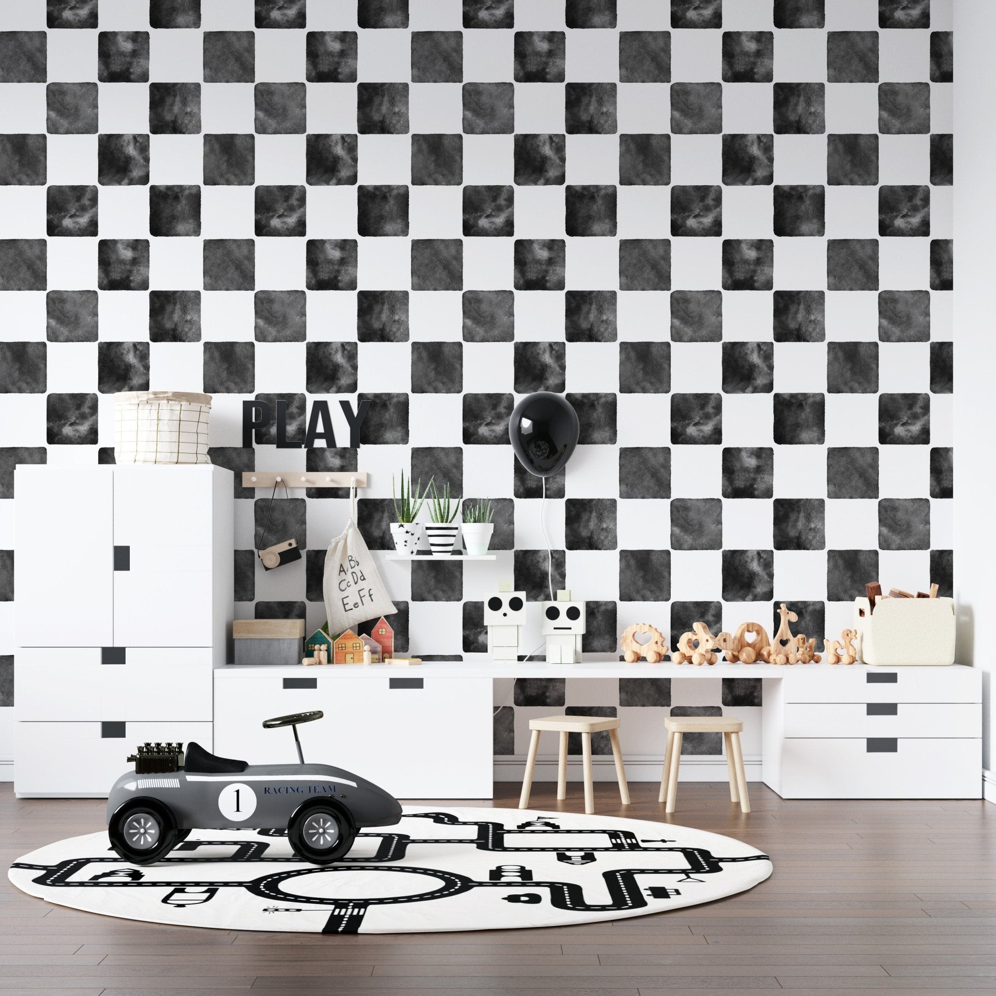 Billys Checkered Wallpaper Black | Sample - Munks and Me Wallpaper