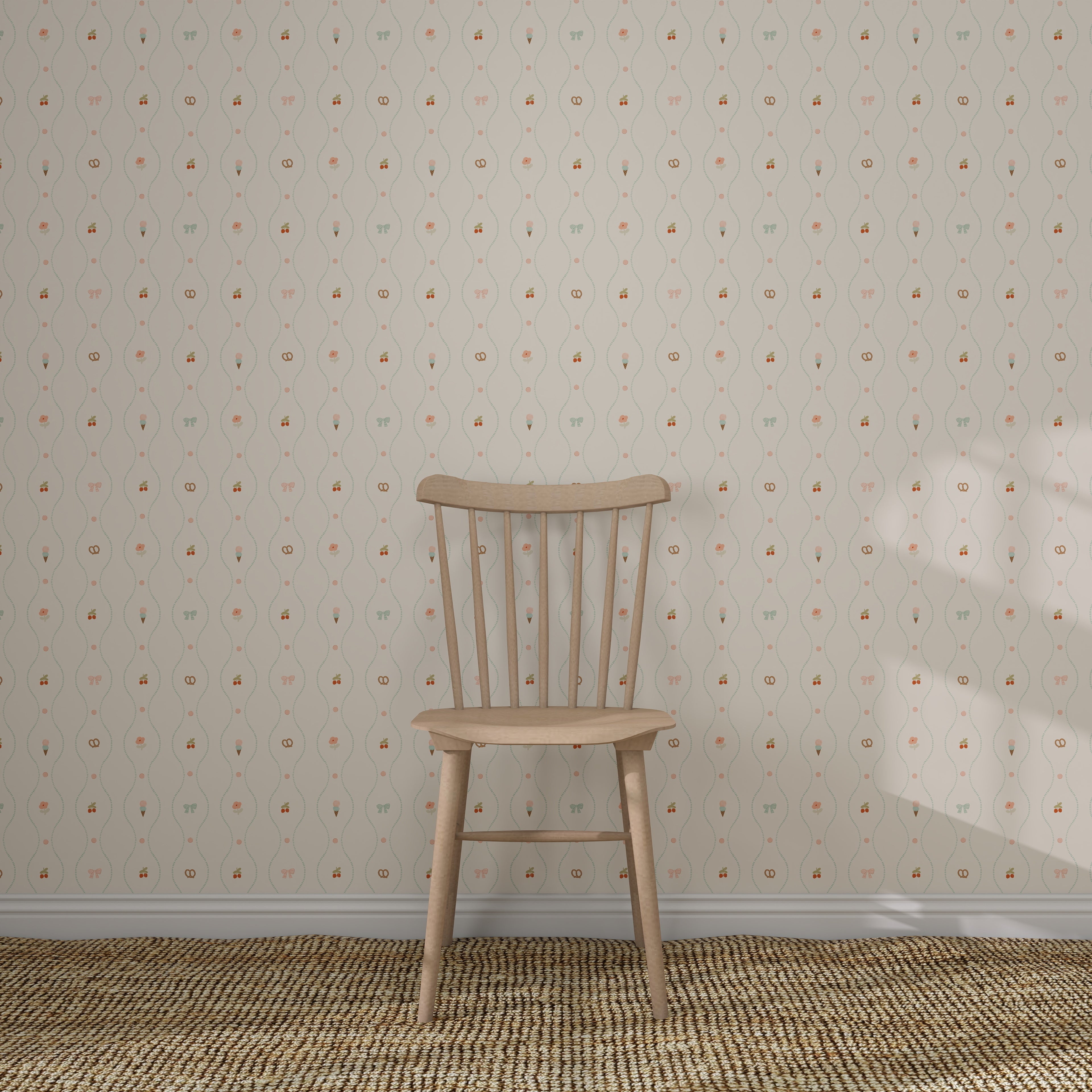 A simple wooden chair rests on a woven rug in front of a cream wall decorated with Little Patisserie Stripe Wallpaper, featuring subtle, vintage-style hand-drawn stripes.