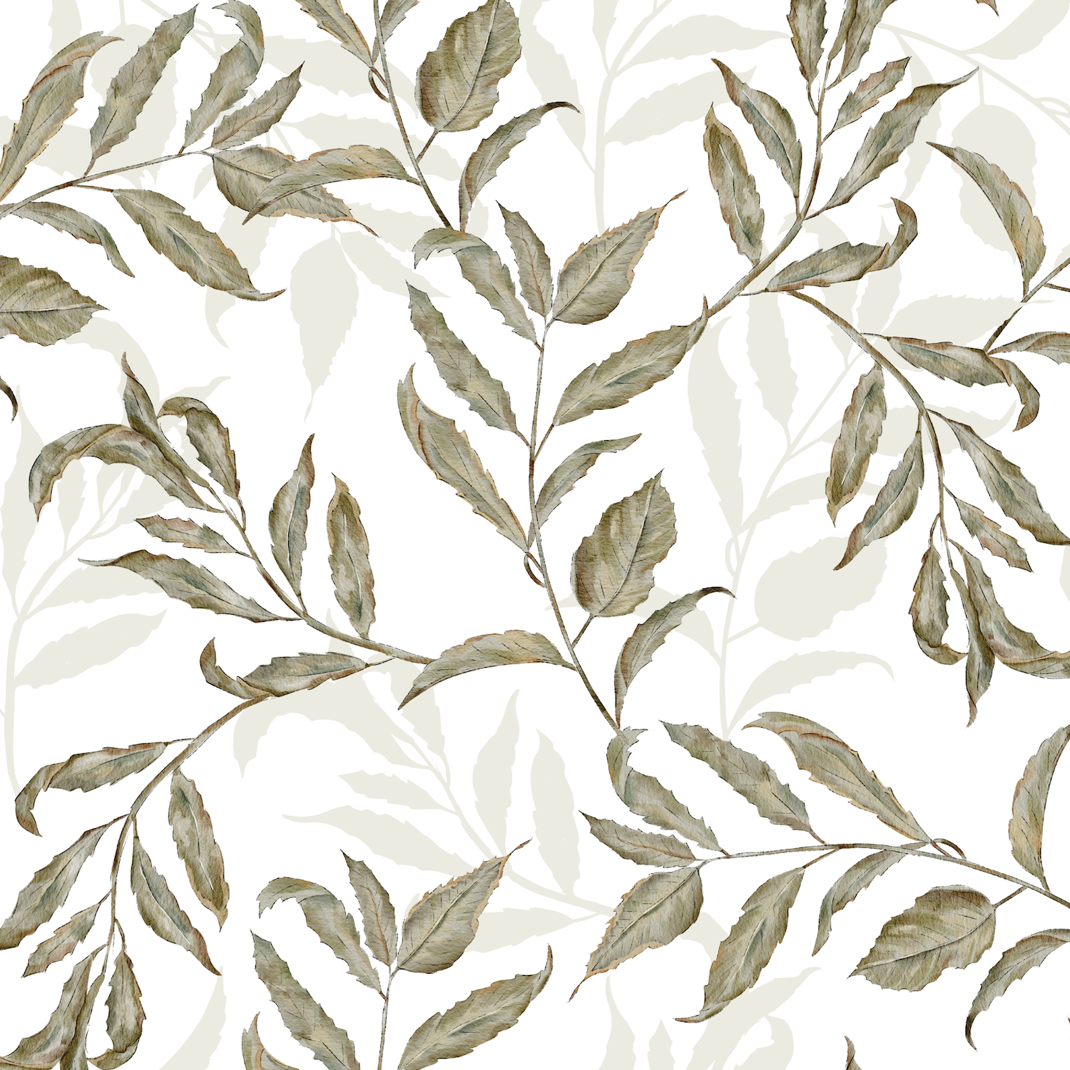 Dreamy Vines Wallpaper Repeat Pattern features hand-drawn olive green leaves and branches on white, accented by lighter leaf silhouettes for a layered botanical look—ideal for botanical wallpaper décor.