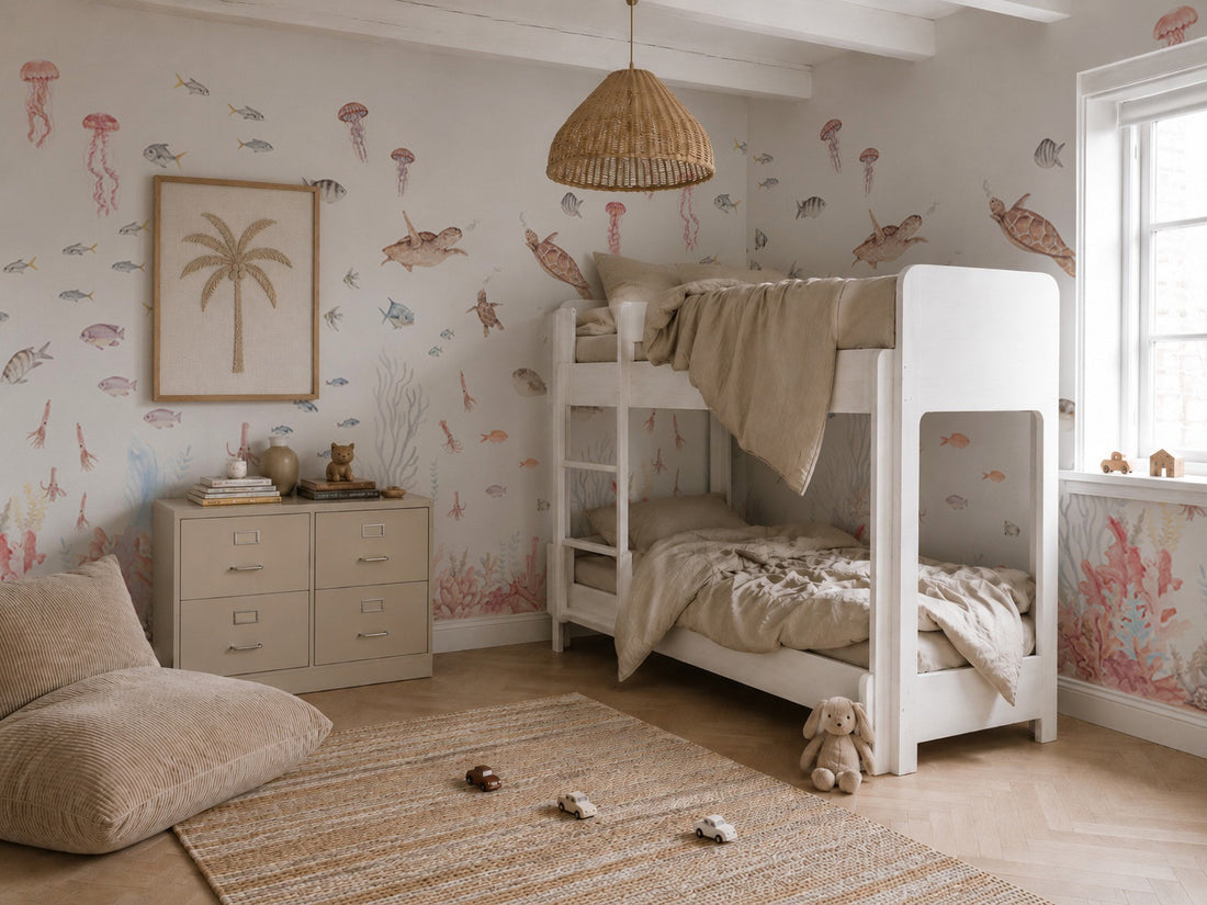 Cozy kids’ bedroom with a Fish Tank Mural, white bunk bed with beige bedding, wicker pendant lamp, dresser, palm tree artwork, plush toys, and natural woven rug on a wooden floor. Sunlight streams in through the window.