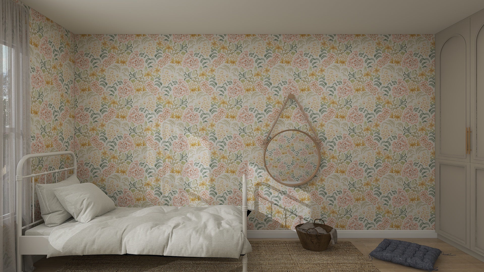 A cozy bedroom features Floret Dreamscape Wallpaper Repeat Pattern, a white metal bed with bedding, a round mirror on the wall, a wicker basket on a jute rug, and sunlight streaming through sheer curtains.