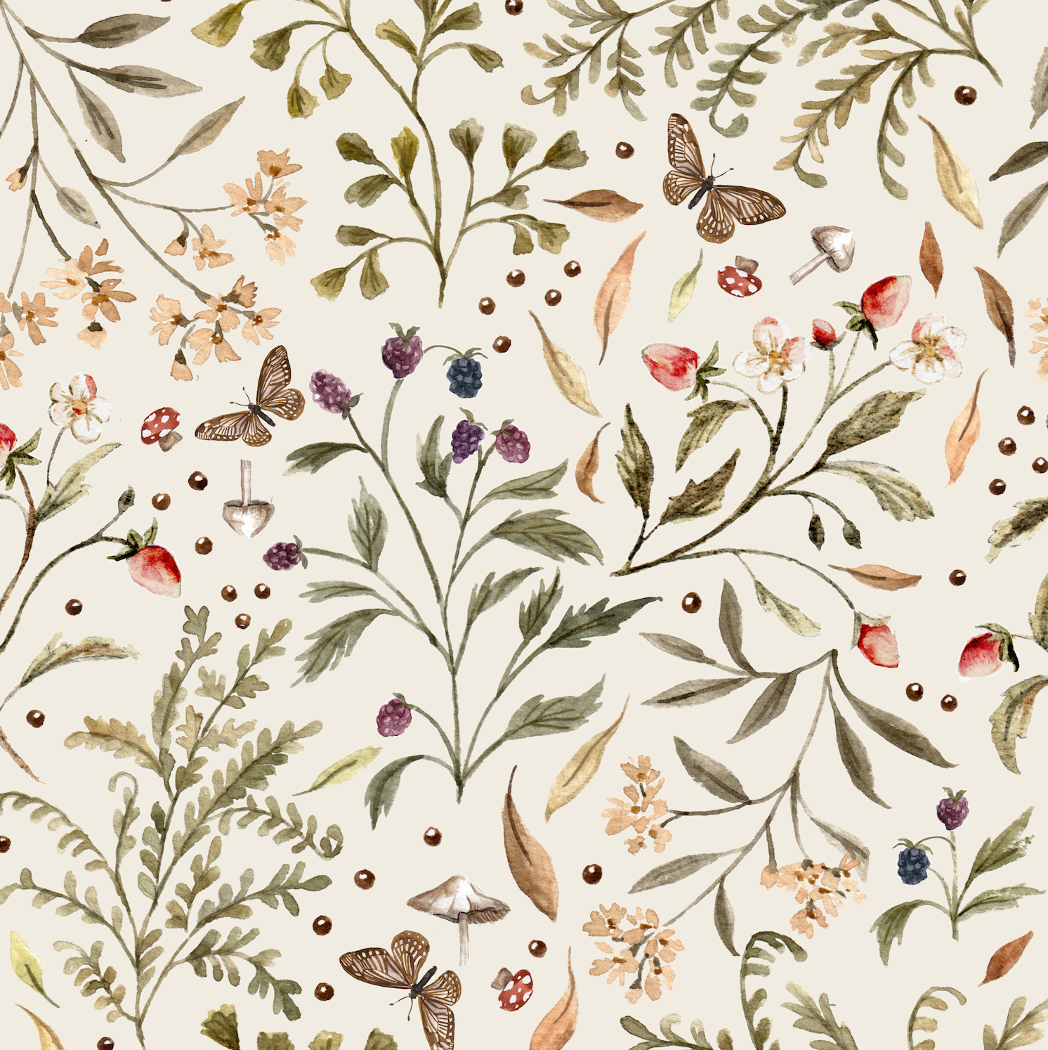 Forest Floor Wallpaper Repeat Pattern features a seamless design of watercolor leaves, strawberries, berries, small flowers, mushrooms, and butterflies on a light background—perfect for adding a nature-inspired woodland touch to any space.