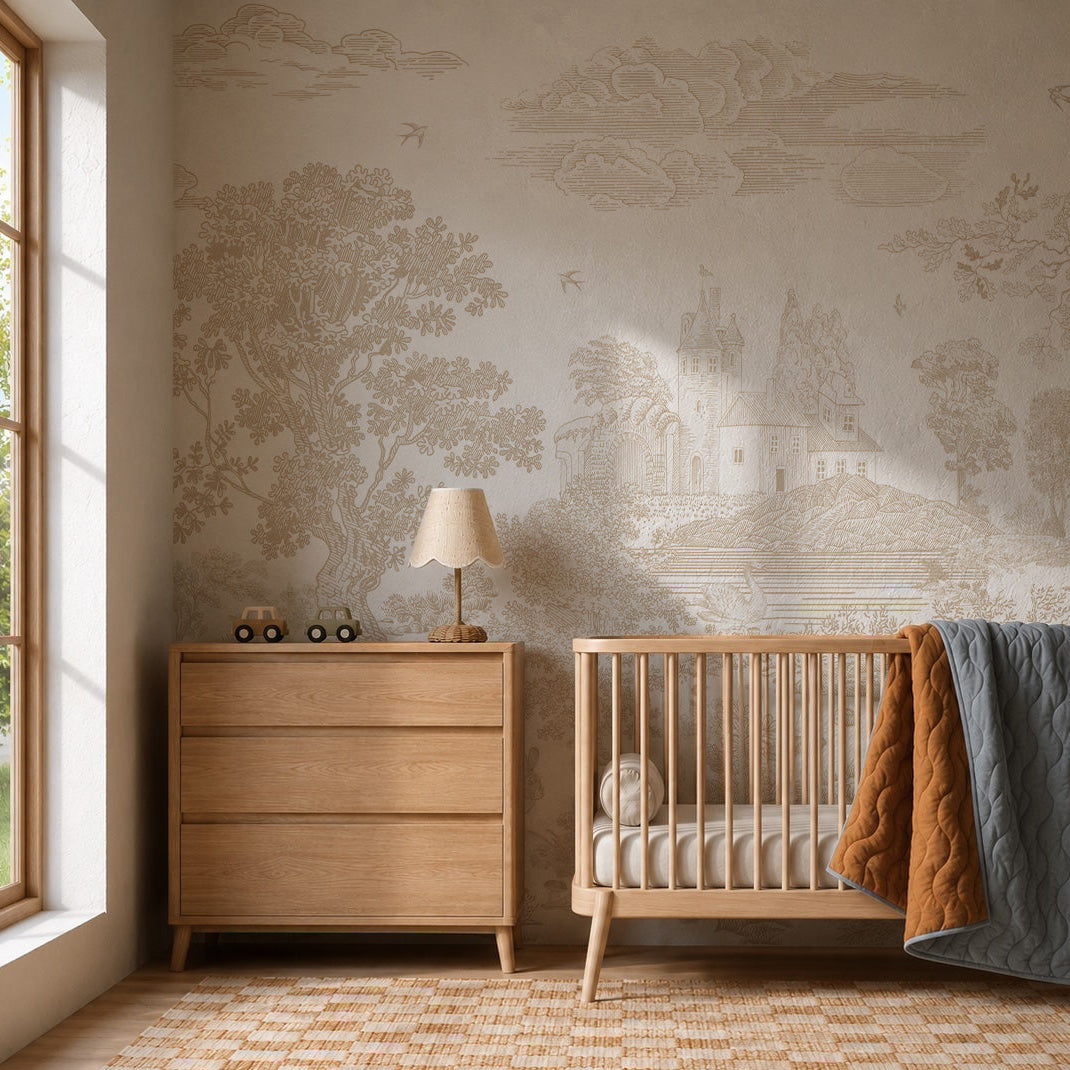 A sunny nursery with a wooden crib, dresser, lamp, and quilt features a beige checkered rug and the Forest Hideaway Mural, Neutral—a whimsical neutral-toned mural of trees and a castle. Natural light streams in from a large window on the left.