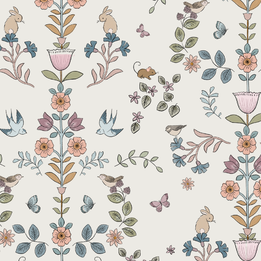 A repeating vintage-style floral and bird pattern on a warm off-white background, featuring pastel pink flowers, bluebirds, rabbits, butterflies, bees, and leaves in muted green, blue, and tan tones.