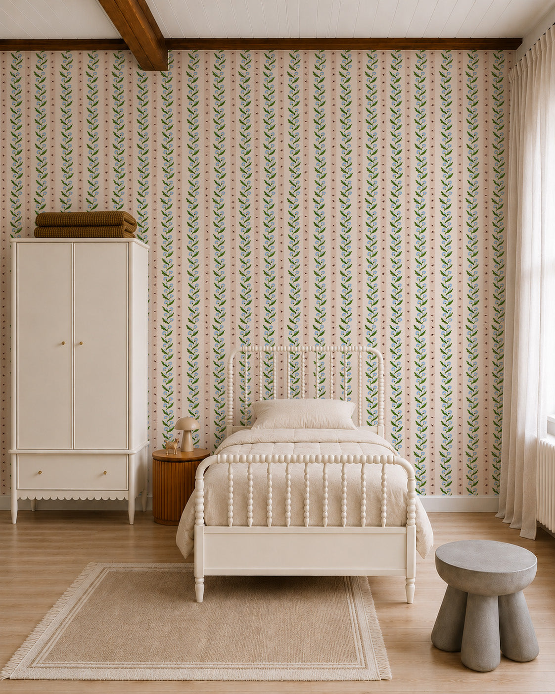 Forget-Me-Not Trail Stripe Wallpaper featuring a repeating pattern of blue flowers, green leaves, and small dots on a light pink background.
