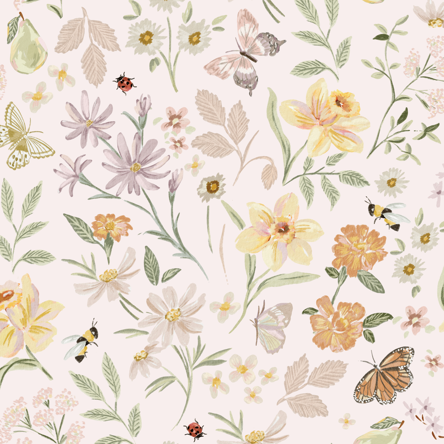 Garden Symphony Wallpaper Repeat Pattern features seamless watercolor-style flowers, butterflies, bees, and ladybugs on a light beige background, creating a soft springtime ambiance.