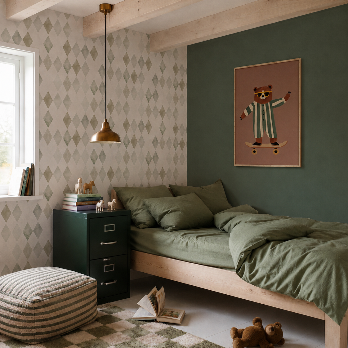 A cozy bedroom with green bedding, a wooden bed, a green cabinet, and a striped ottoman. A toy car, teddy bear, and open book rest on the checkered rug. The wall features colourful decor and Harlequin Watercolour Wallpaper in Green.