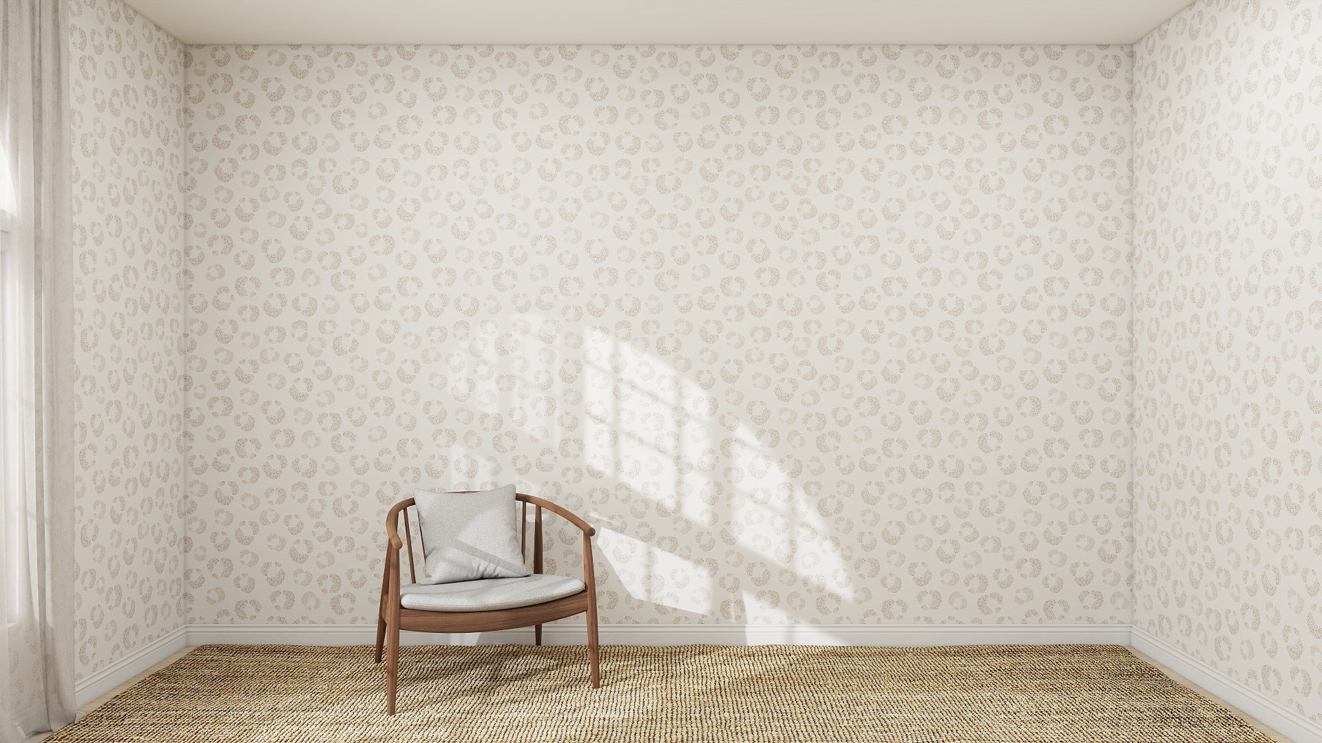 A minimal room with Hallie Leopard Print Wallpaper Repeat Pattern in beige, a brown wooden chair with a gray cushion, woven rug flooring, and sunlight casting window shadows on the wall.
