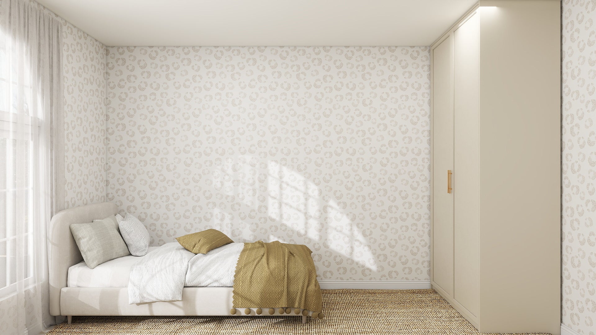A minimalist bedroom with a low bed, white and beige bedding, a gold throw blanket, Hallie Leopard Print Wallpaper Repeat Pattern in beige, large windows with sheer curtains, and built-in beige wardrobe cabinets.