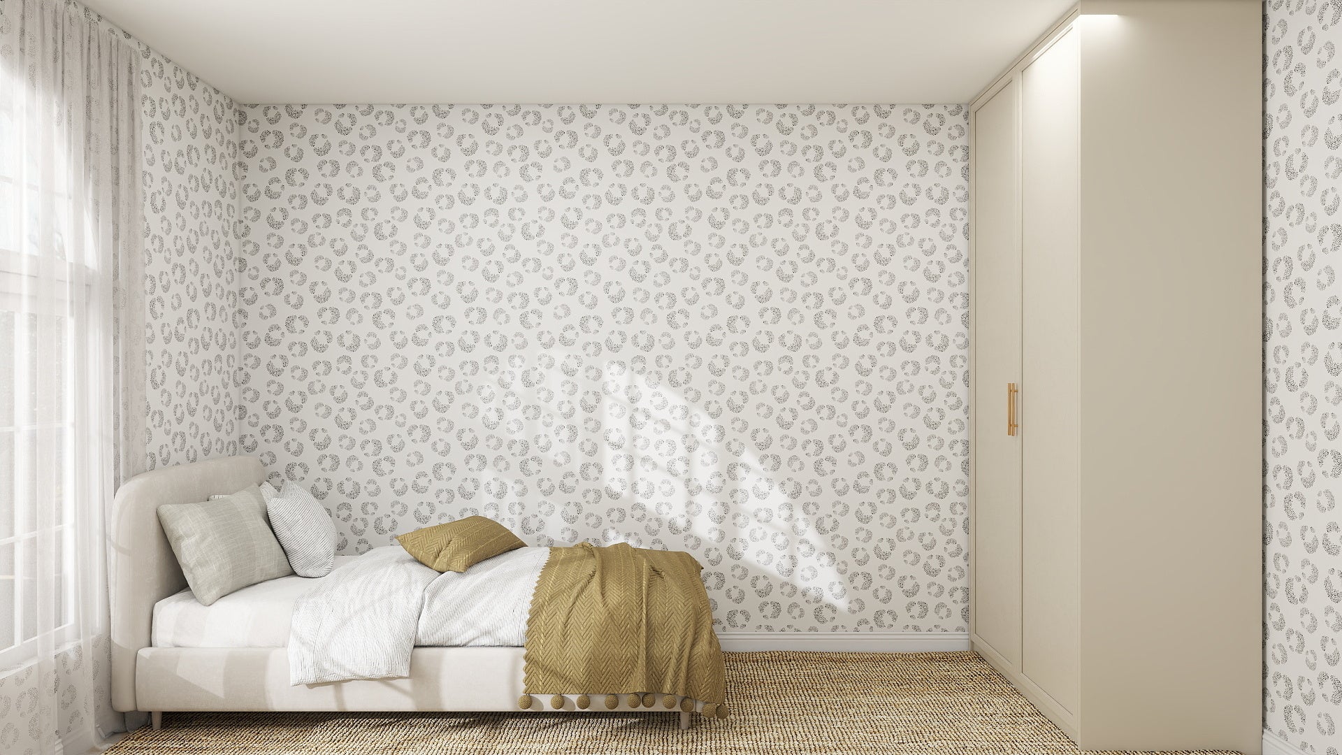 Minimalist bedroom with a low beige bed, white and beige bedding, a woven rug, built-in cream wardrobe, and whimsical walls featuring Hallie Leopard Print Wallpaper Repeat Pattern in charcoal. Sunlight filters through sheer curtains on the left window.
