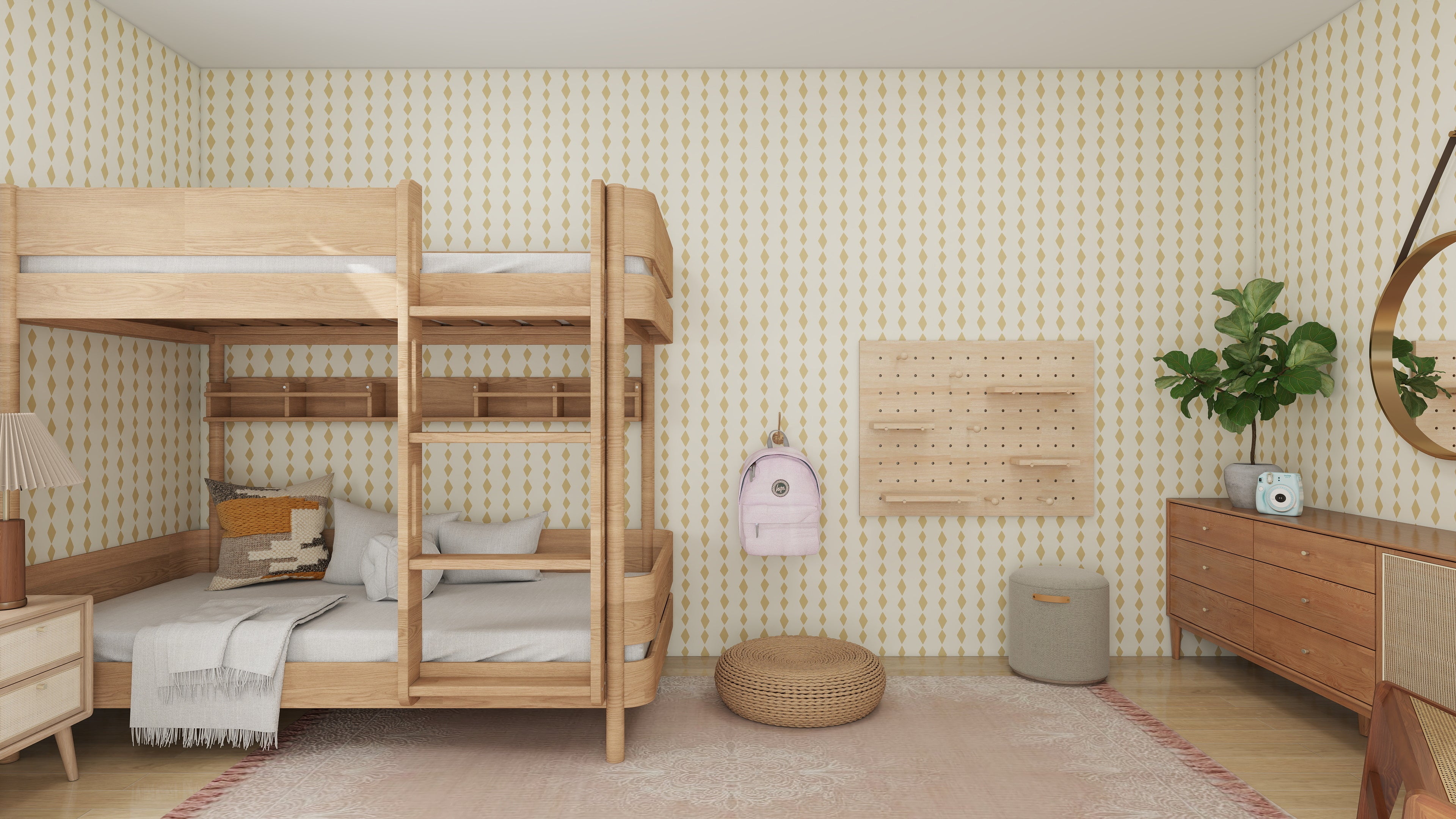 A cozy kids’ bedroom features wooden bunk beds and Jolly Jester Wallpaper Repeat Yellow. A pink backpack hangs by the dresser, round mirror, plant, and pouf on a soft rug. The space is bright, modern, and neatly organized.