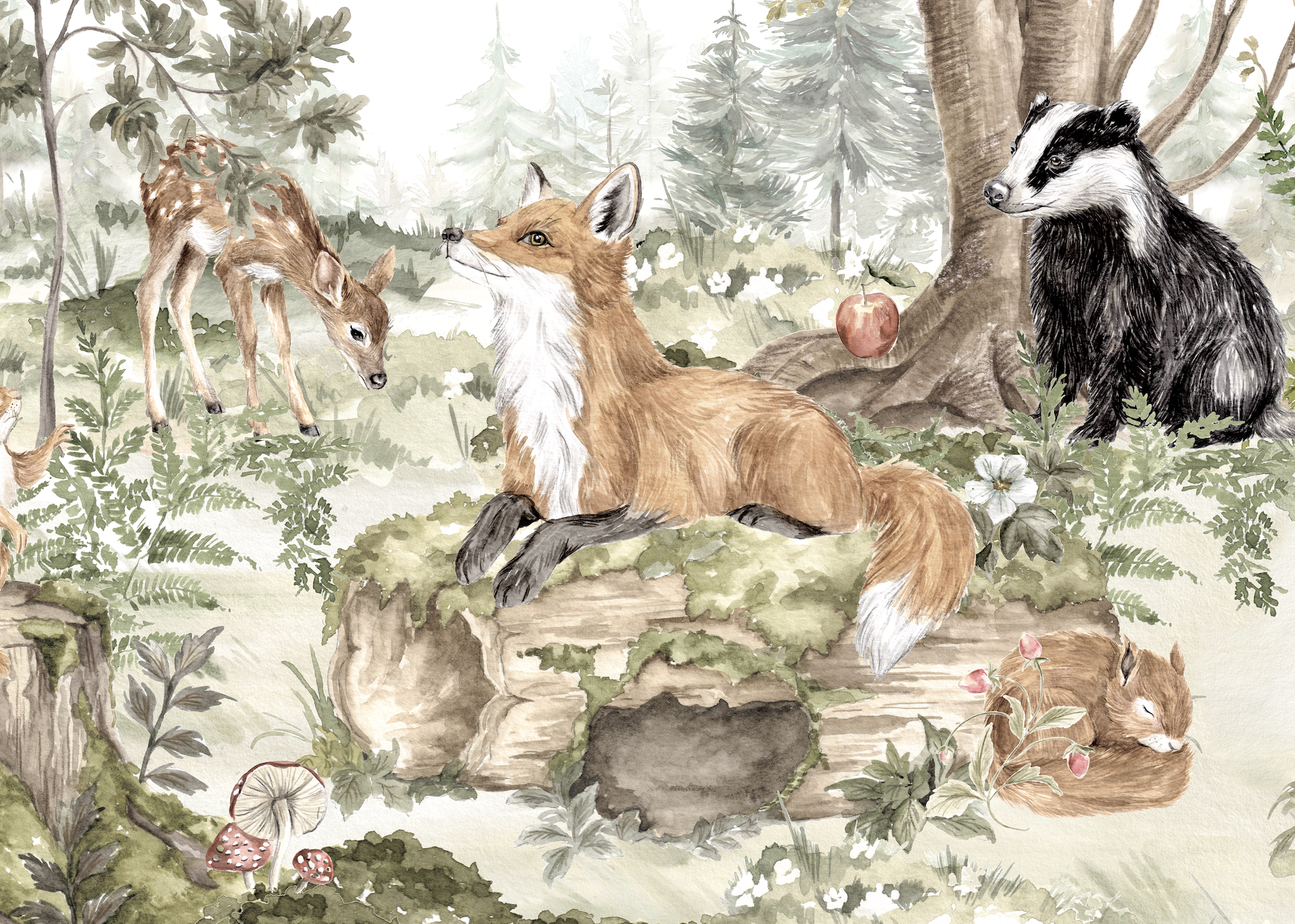 Into The Forest Wallpaper Mural features a watercolor fox on a mossy log, grazing deer, a badger by an apple, and two sleeping squirrels among trees, flowers, mushrooms, and lush greenery—ideal for enchanting forest-themed decor.