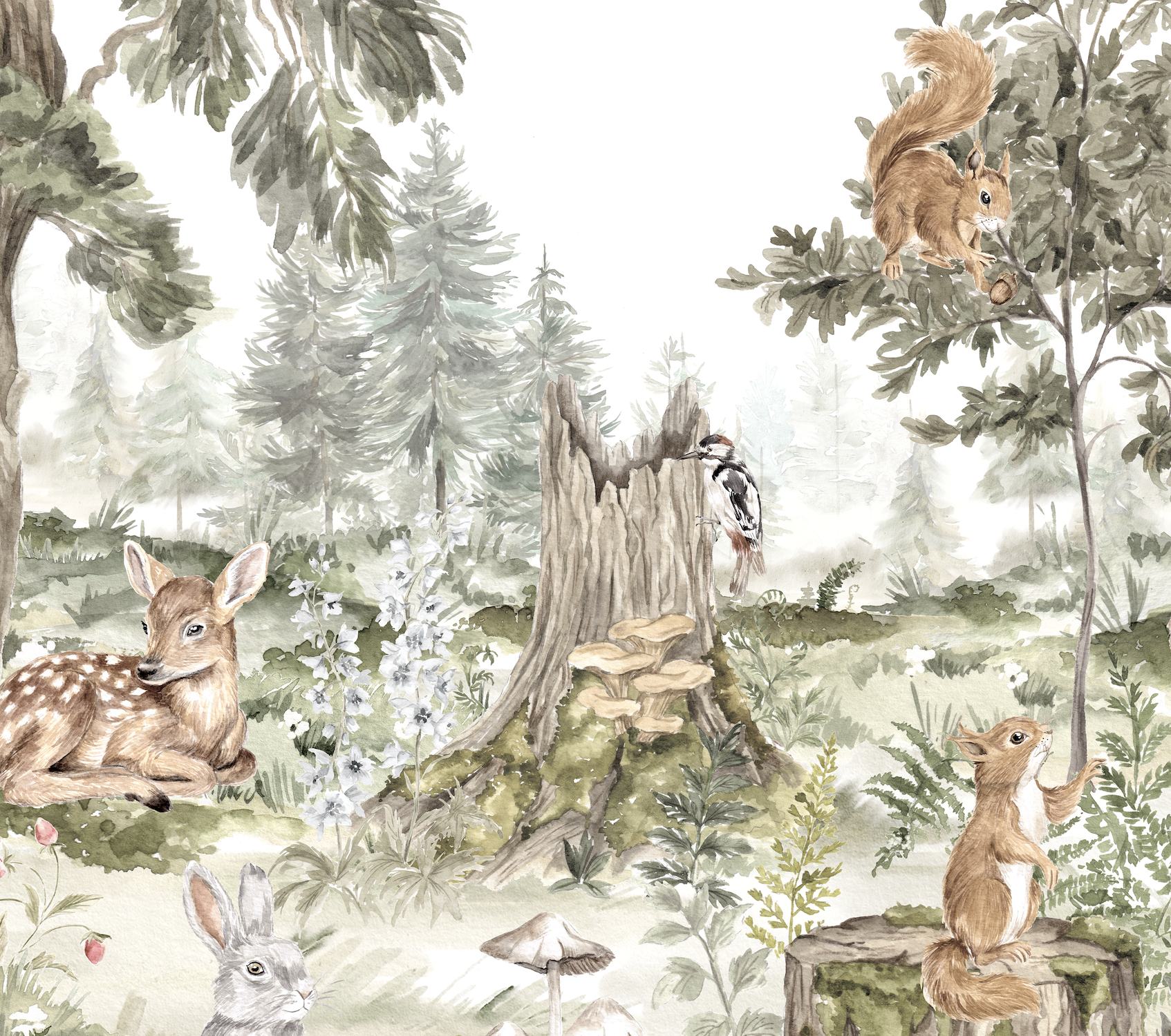 The Into The Forest Wallpaper Mural features a watercolor forest scene with trees, a stump, woodpecker, squirrels, rabbit, fawn on grass, mushrooms, flowers, and green plants—ideal for woodland-inspired wall decor.