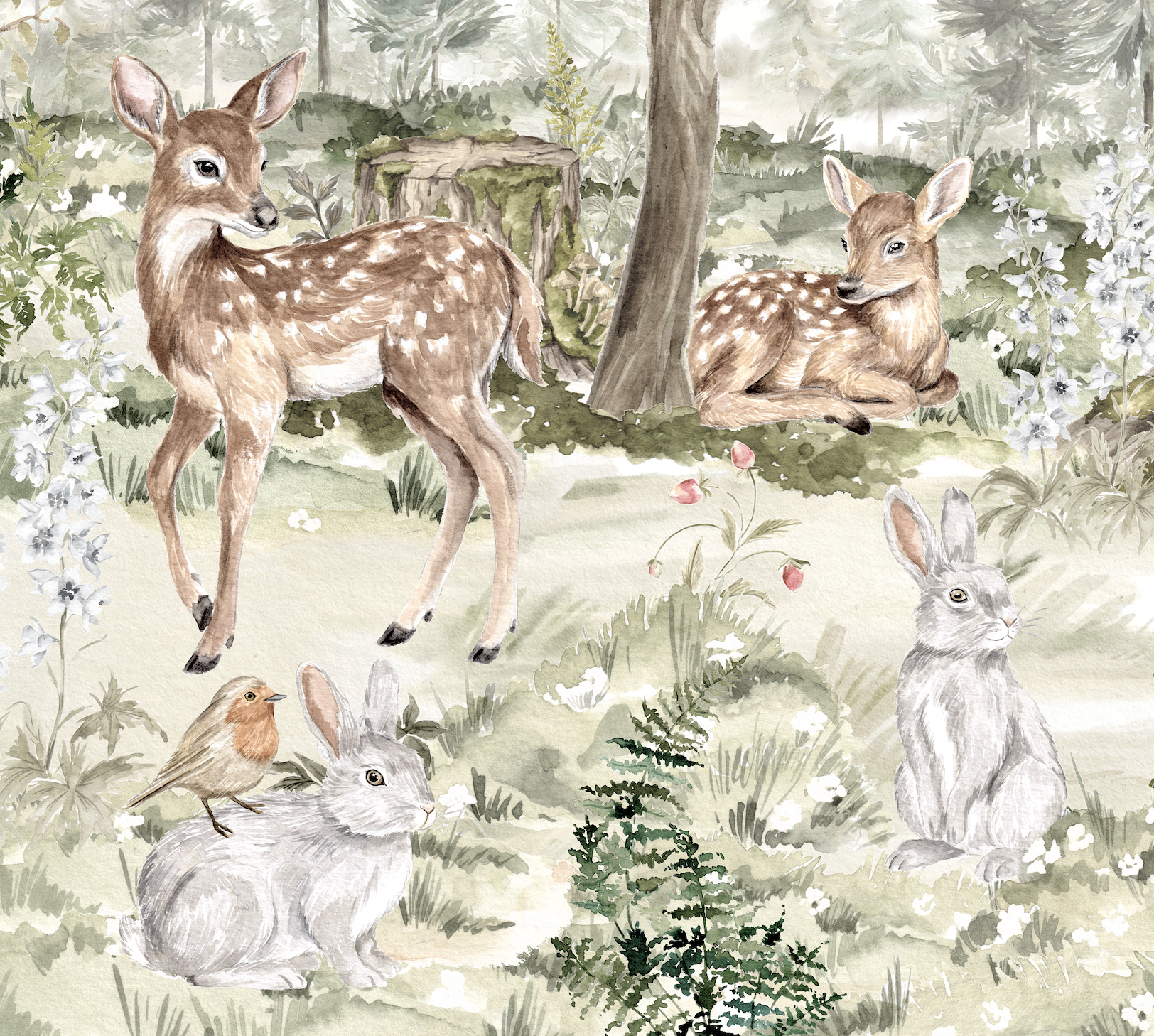 The Into The Forest Wallpaper Mural features two white-spotted fawns resting among greenery and wildflowers, while two gray rabbits—one hosting a small bird—add charm to this enchanting hand-painted forest scene.