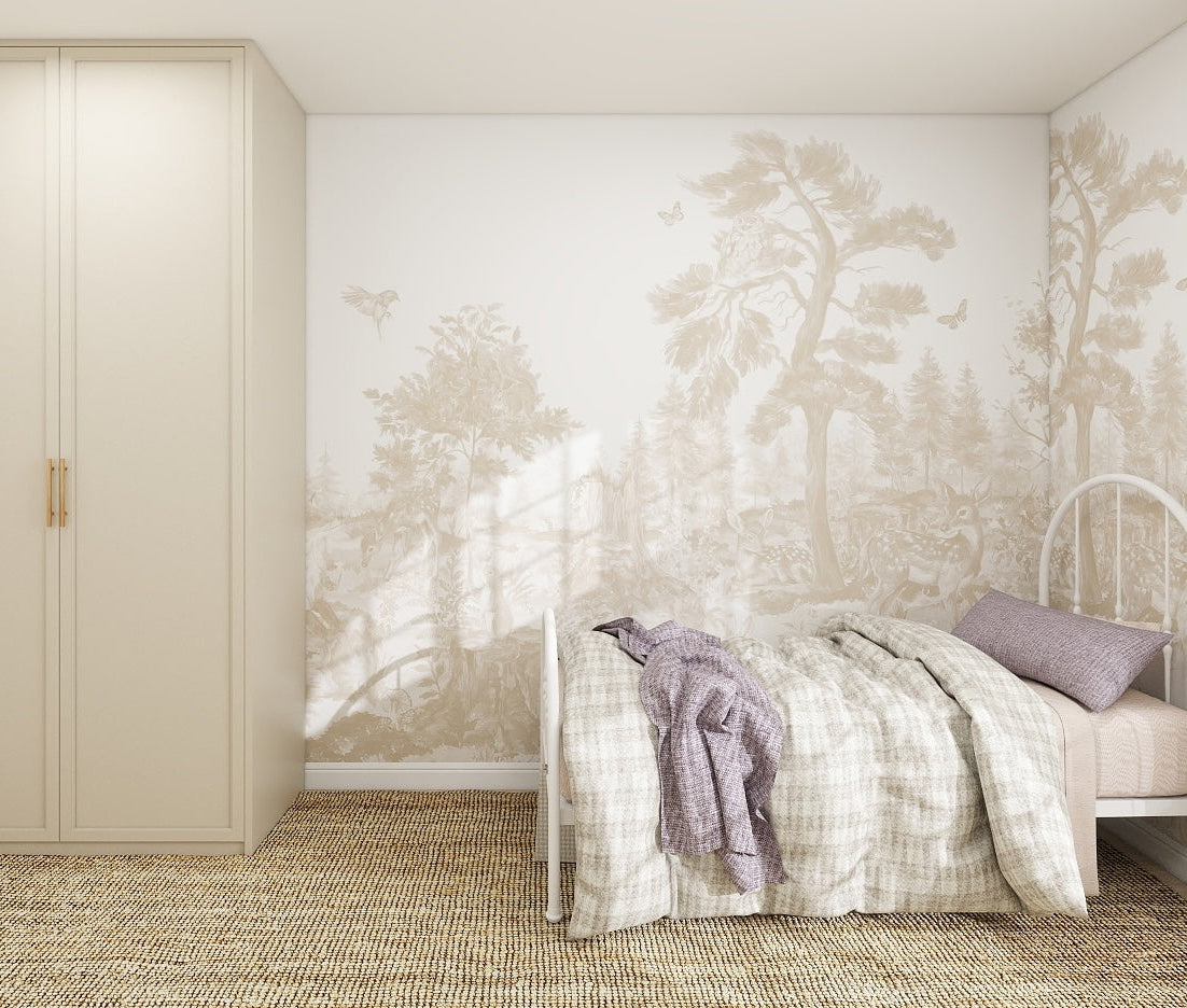 A cozy bedroom with a single bed, light bedding, a purple pillow, and a draped blanket. The wall features the Into The Forest Wallpaper Mural Neutral, while a beige wardrobe sits on a woven rug for serene, minimalist style.