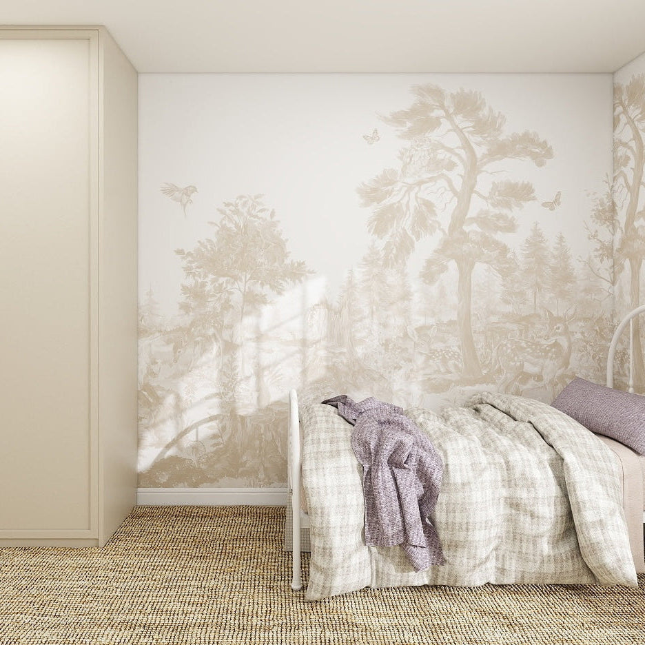 A cozy bedroom with a single bed, light bedding, a purple pillow, and a draped blanket. The wall features the Into The Forest Wallpaper Mural Neutral, while a beige wardrobe sits on a woven rug for serene, minimalist style.