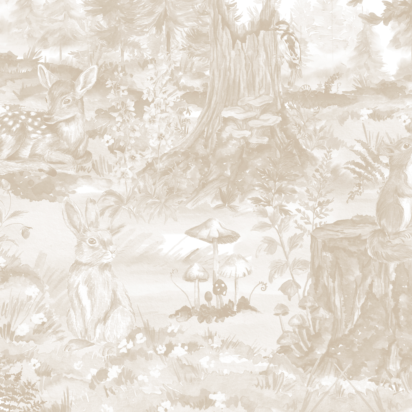 The Into The Forest Wallpaper Mural Neutral features a sepia woodland scene with a deer, rabbit, squirrel on a tree stump, plus mushrooms and flowers—a charming way to bring nature’s beauty into your space.