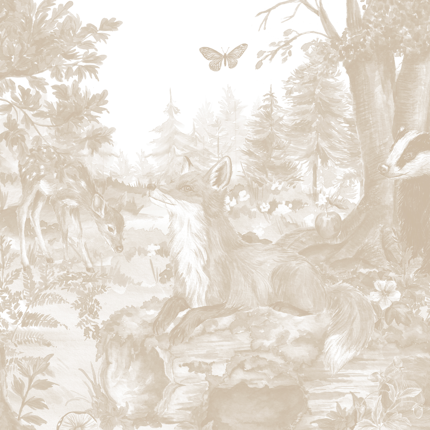 The Into The Forest Wallpaper Mural Neutral features a sepia-tone hand-painted forest scene with a fox on a rock, grazing deer, a badger, tall trees, flowers, and a butterfly above.