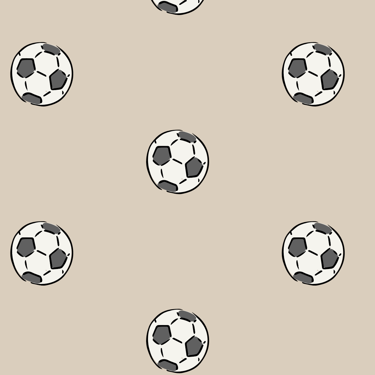 Its All About Footballs Wallpaper features a seamless pattern of black-and-white soccer balls evenly spaced on a beige background, perfect for sports or football-themed wall décor.
