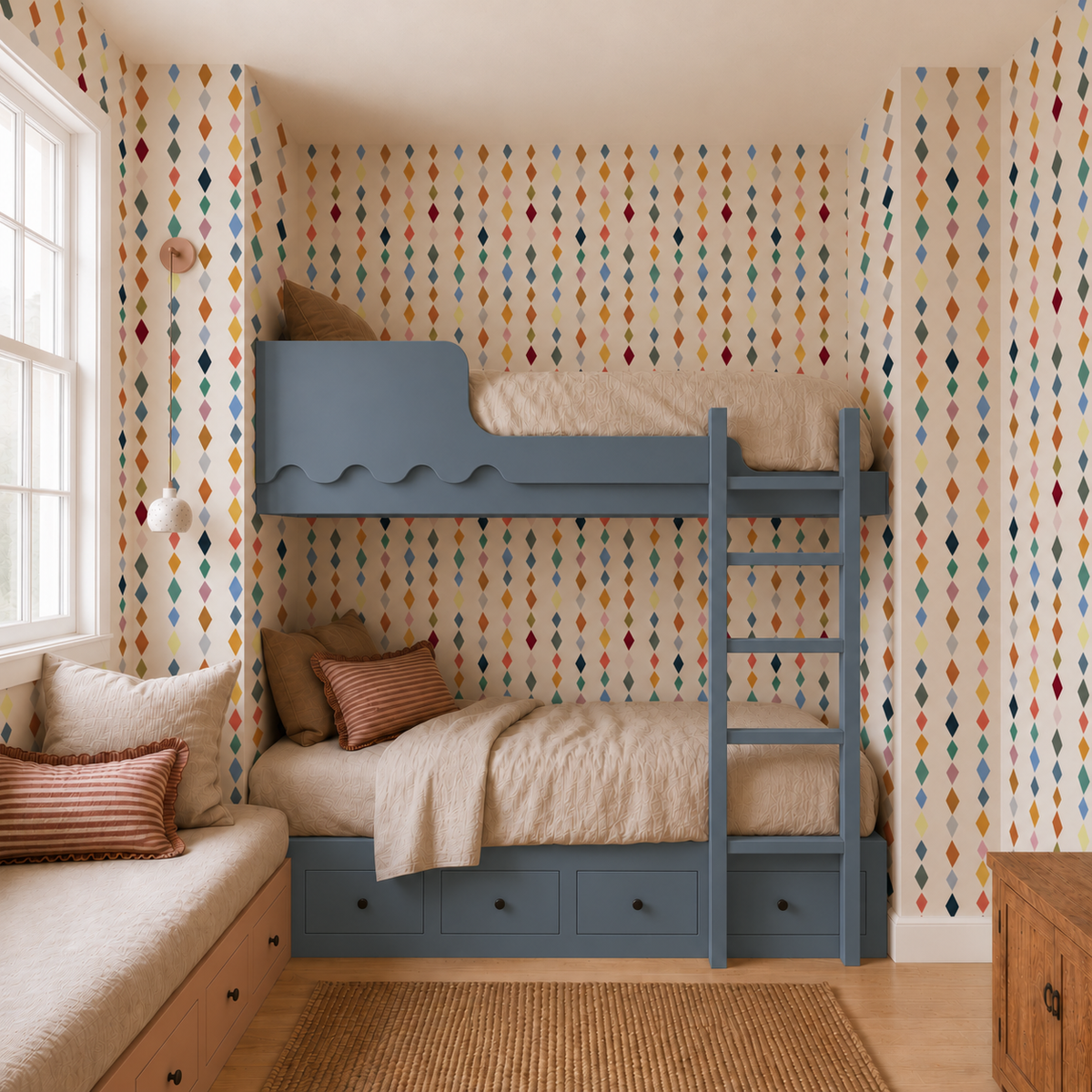 A child’s bedroom featuring a blue bunk bed and a built-in daybed against Jolly Jester Wallpaper, Multi, with a repeating pattern of colorful vertical diamond shapes.