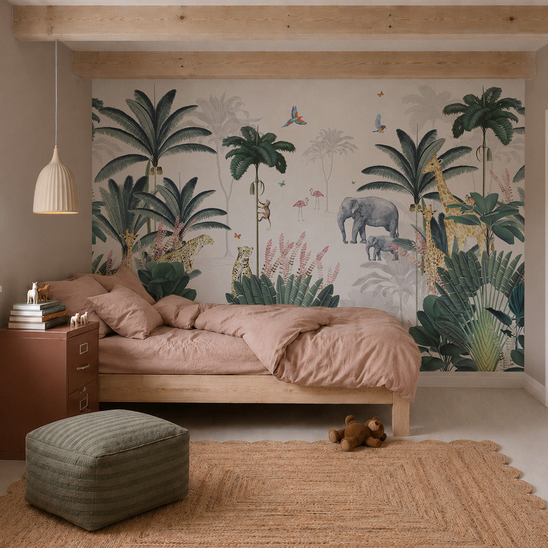 A cozy bedroom with a wooden bed, pink bedding, woven rug, green pouf, and the Leopard and Friends Jungle Mural featuring tropical plants and animals. Soft natural light streams through the window.