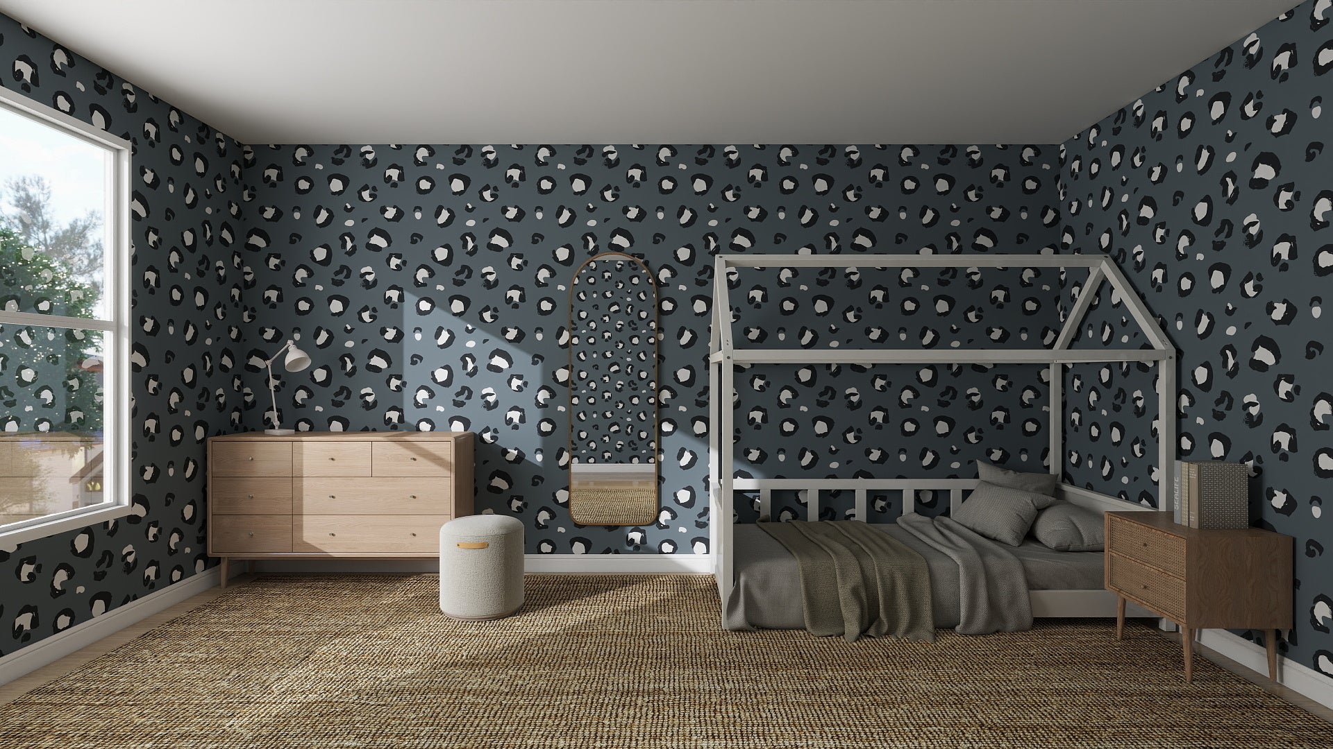 A modern bedroom features Blue Leopard Print Wallpaper, a wooden house-shaped bed, nightstand, dresser, swing seat, and natural fiber rug. Sunlight pours through a large left window, reminiscent of stylish interiors found online.