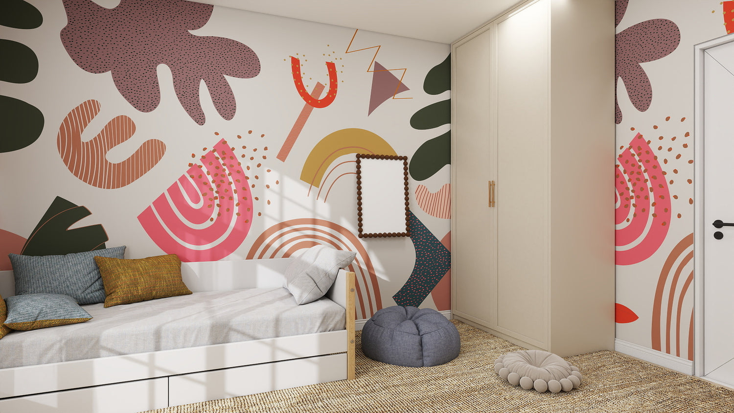 A modern bedroom featuring a white bed, beige wardrobe, gray pouf, round cushion, decorative pillows in neutral and blue tones, and bold wall decor with the Little Erin Abstract Wallpaper Mural.