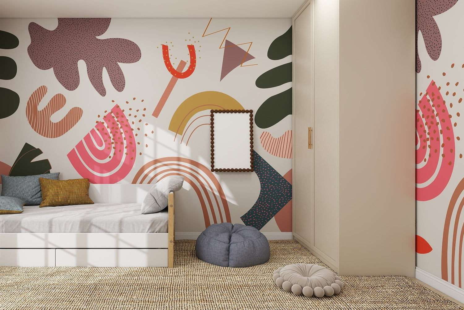 A children’s bedroom featuring the Little Erin Abstract Wallpaper Mural, a white bed with yellow and gray pillows, mirrored wardrobe, gray bean bag, round cushion, and woven rug creates playful and colorful home decor.