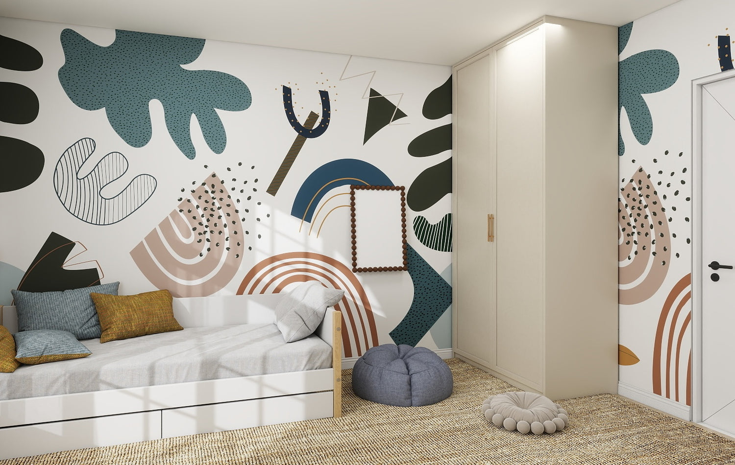 A modern bedroom features the Little Erin Abstract Wallpaper Mural | Blue, showcasing colorful geometric patterns, along with a white daybed accented by yellow and blue cushions, a beige wardrobe, pouf, and textured rug.