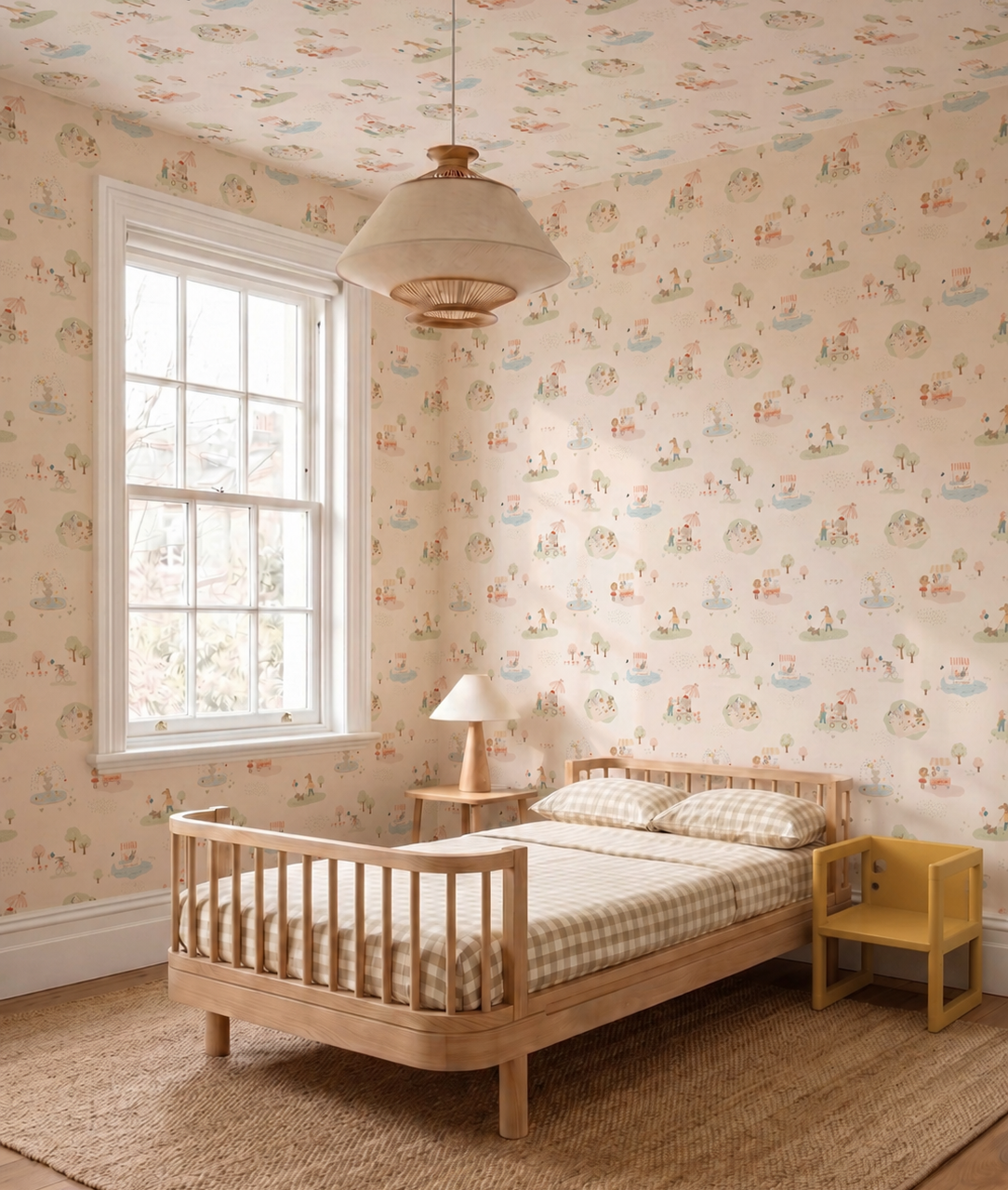 A cozy children’s bedroom with a wooden bed, checkered bedding, a side table and lamp, a yellow chair, and whimsical Little Friends Day Out Wallpaper—playful illustrations brighten the space filled with natural light from a large window.