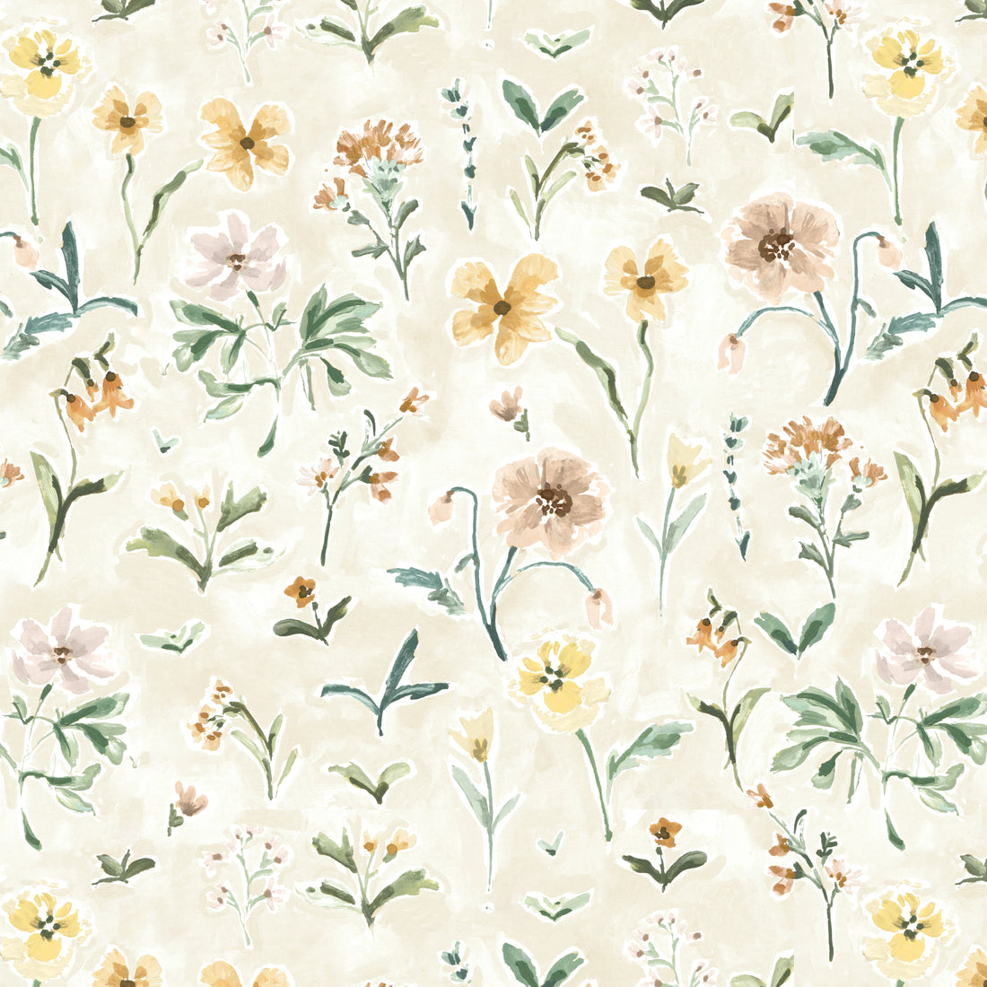 Morning Meadow Wallpaper features a seamless hand-painted watercolor pattern of wildflowers and green leaves on a light beige background, with yellow, peach, and orange blossoms—ideal as delicate floral wallpaper for children’s rooms.
