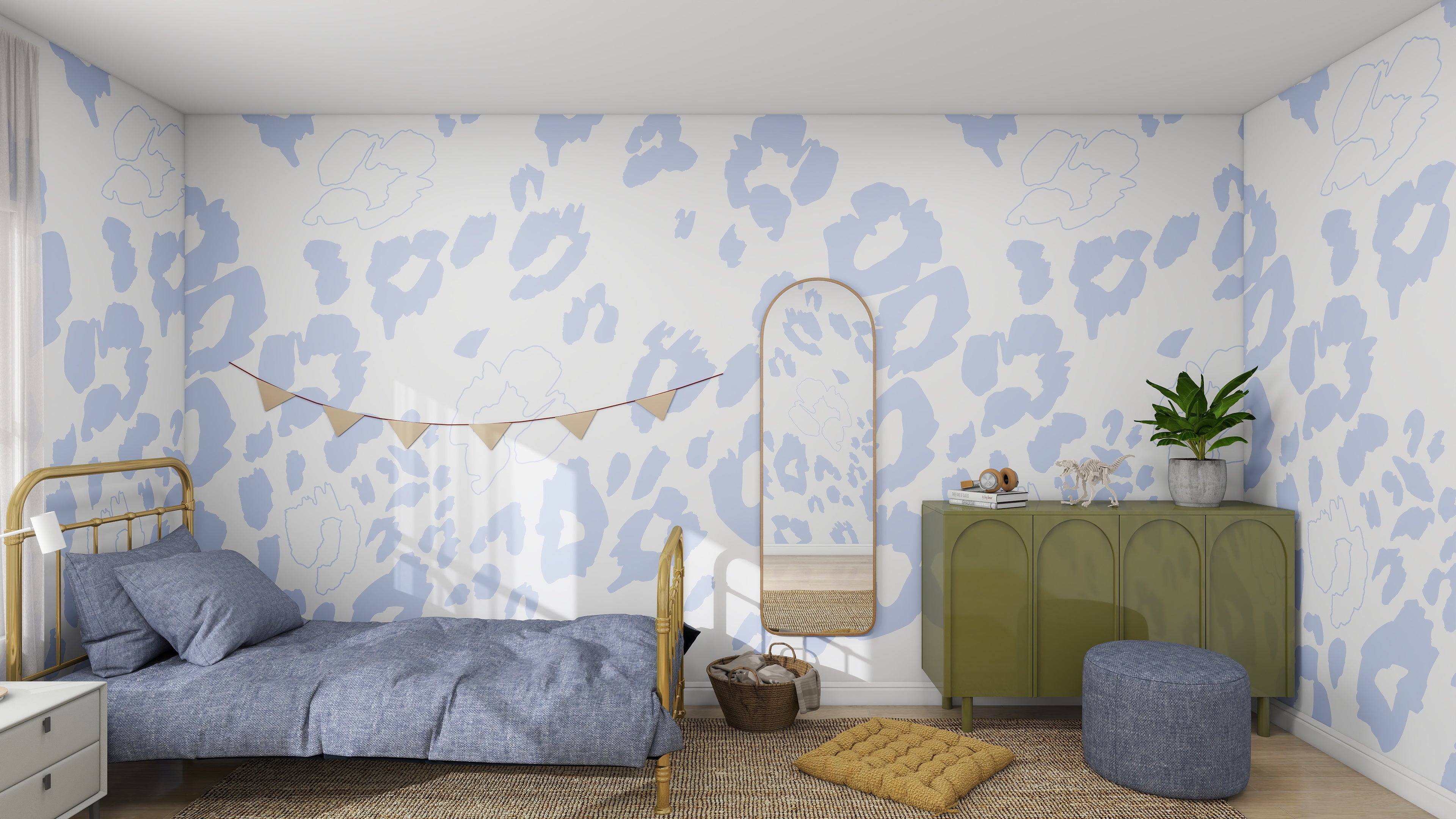 A cozy bedroom features a single bed with blue bedding, Nelly Leopard Print wallpaper sample by munks and me in blue and white. A green cabinet with plants, decor, large oval mirror, garland, pouf, and textured rug adds charm. Natural light enhances the rooms colors.