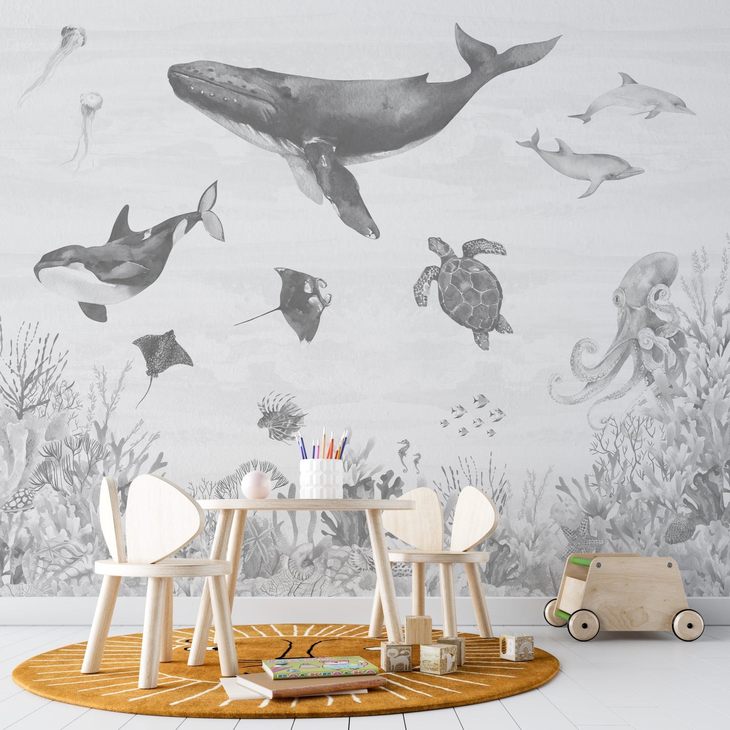 Ocean Magic Wallpaper Mural | Monochrome - Munks and Me Wallpaper