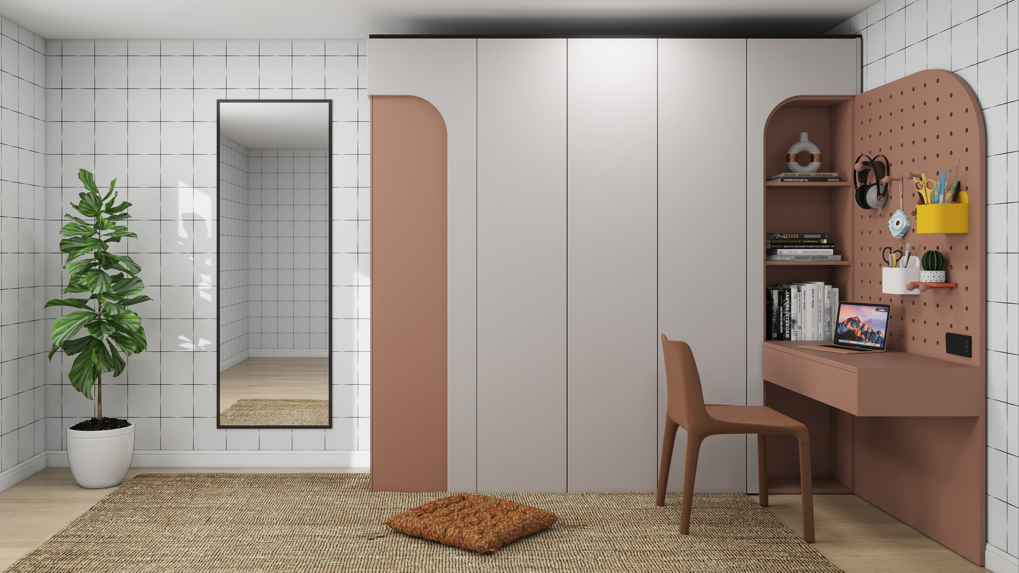 A modern room with munks and mes Urban Grid Wallpaper Repeat Pattern and a wall closet. An integrated desk hosts a laptop, shelves, pegboard, and brown chair. Decor is enhanced by a large mirror, potted plant, and textured rug. Neutral tones and geometric accents add contemporary flair.