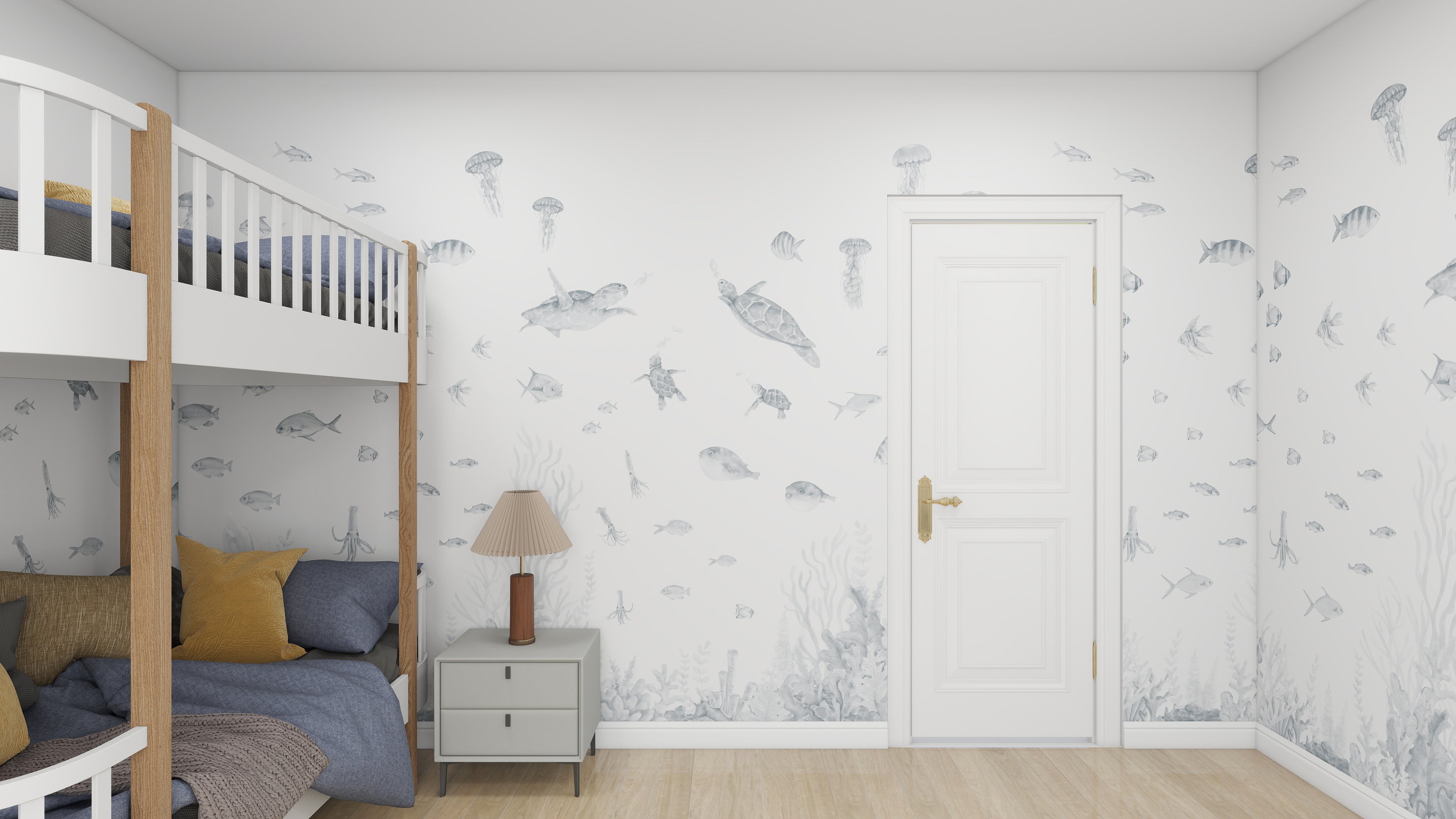 The room features the Fish Tank Wallpaper Mural | Blue by munks and me, with a sea creatures theme. A bunk bed is adorned with dark blue and gray bedding, paired alongside a gray nightstand and lamp, while light wood floors and a white door complete the look.