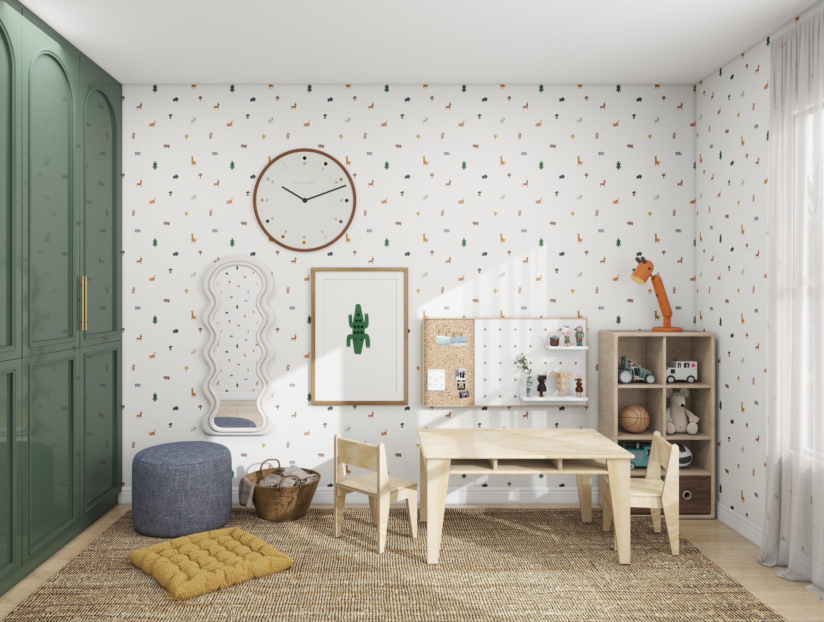 A childrens room features a small wooden table with chairs, walls adorned with munks and mes Tiny Tracks Safari Wallpaper, playful animal illustrations, and a clock. Shelves display toys and books. A plush stool sits on the jute rug alongside baskets, while a large window to the right floods the space with light.