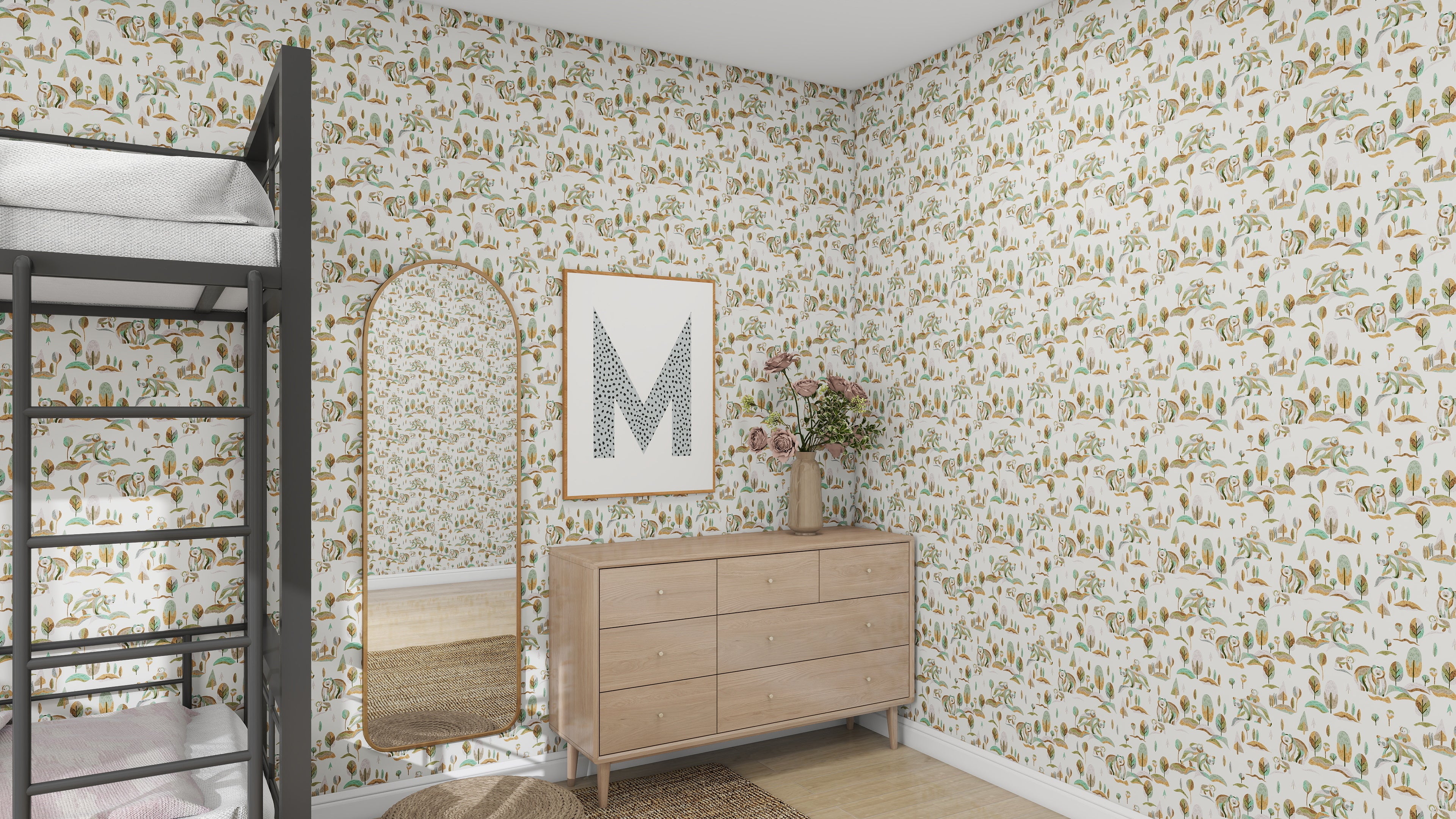 The kids room has a playful touch with munks and mes Winter Bears Repeat Pattern wallpaper. It includes a metal bunk bed, a wooden dresser with a framed letter M, a vase of flowers, and a tall leaning mirror, all atop a woven rug for cozy nursery decor.