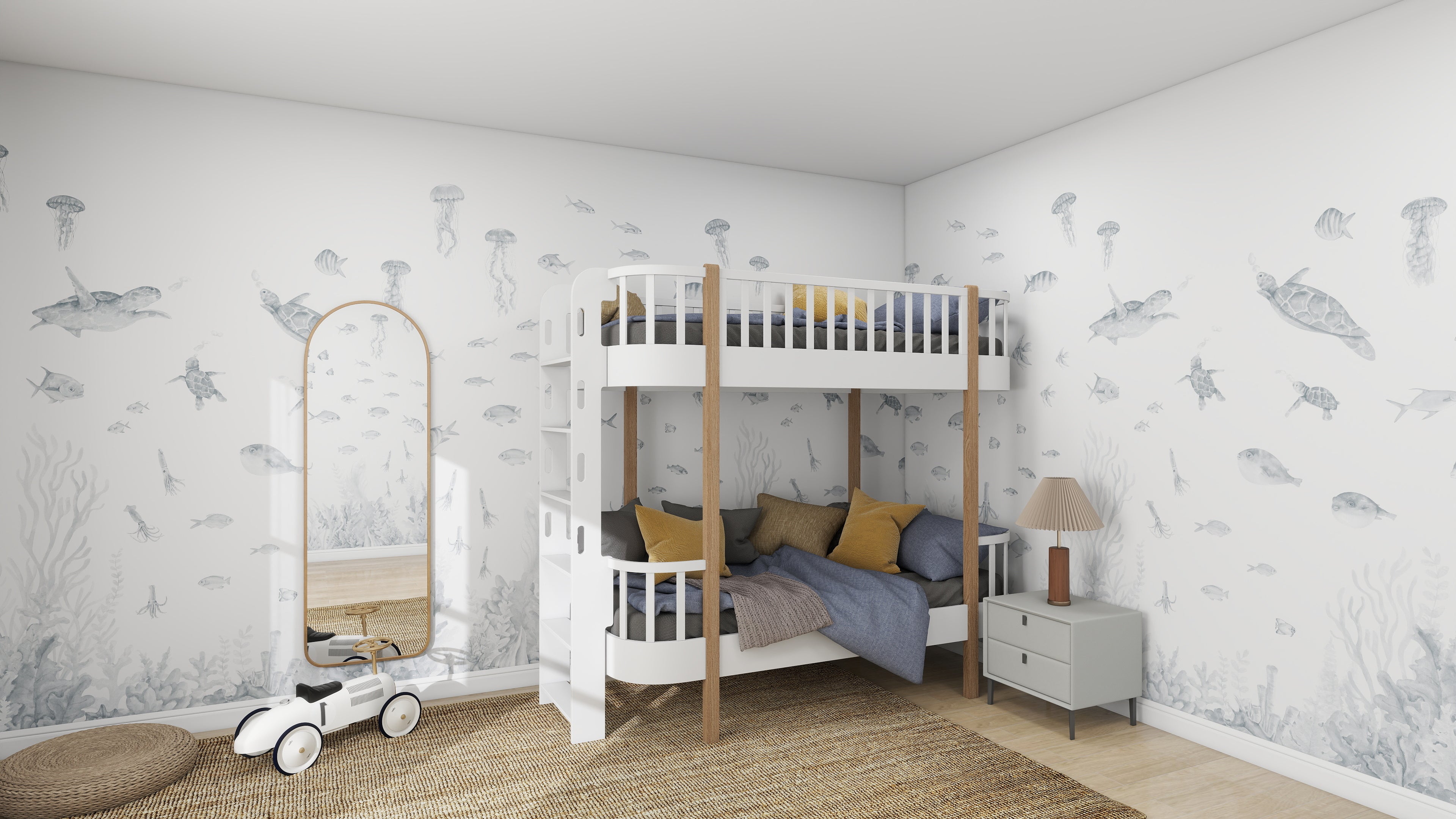 A childrens room features a white bunk bed against a captivating Fish Tank Wallpaper Mural | Blue by munks and me, showcasing sea creatures like fish and jellyfish. The blue and yellow bedspread is paired with a floor lamp, gray nightstand, long mirror, and ride-on toy to complete the charming space.