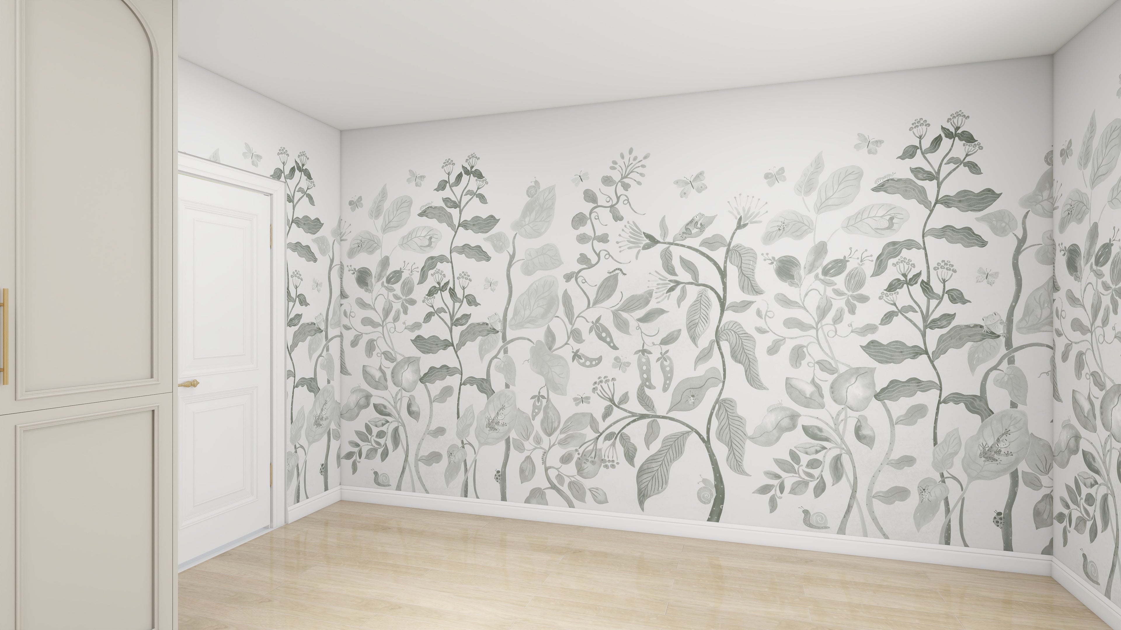 A bright, empty room with pale wood flooring and white walls features a subtle mural, the Secret Garden Wallpaper Mural Sage by munks and me. A white door is on the left, and a storage cabinet is partially visible.
