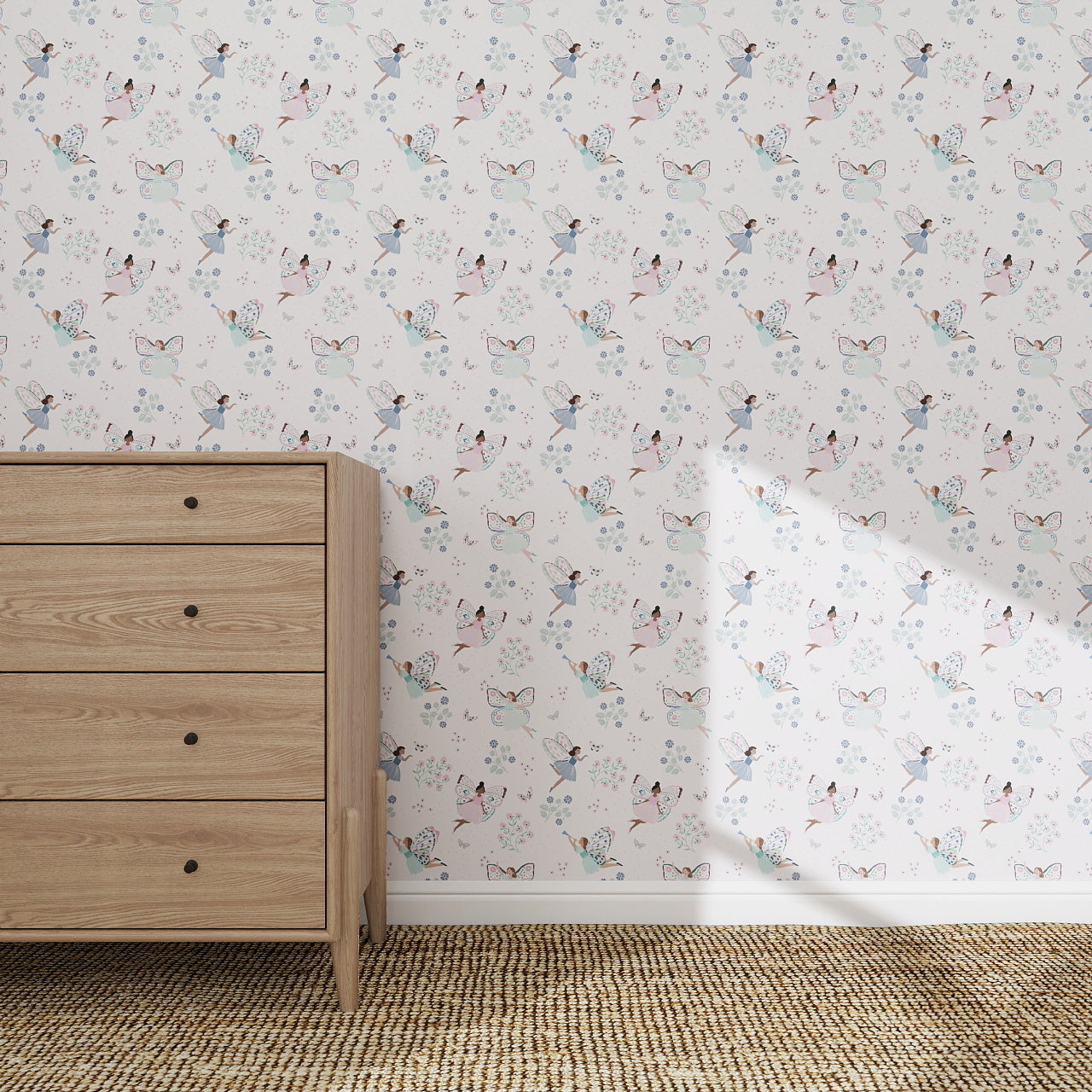 A wooden dresser stands on a woven rug against a wall covered in Fairy Wonderland Purple Wallpaper Repeat Pattern. Sunlight casts a bright triangle on the lower right side of the whimsical wallpaper.
