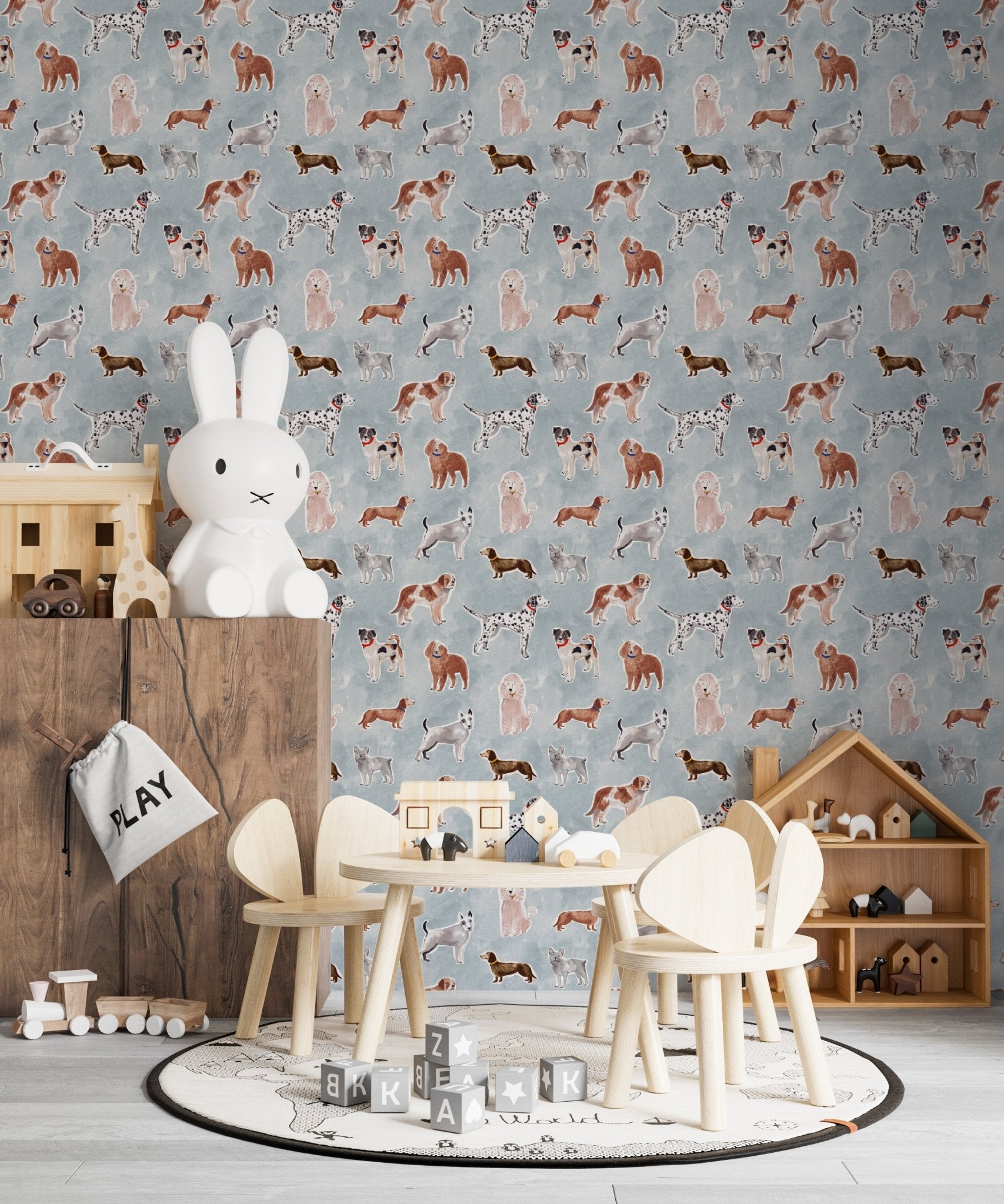 Rigby Dog Print Wallpaper Repeat Pattern | Blue - Munks and Me Wallpaper