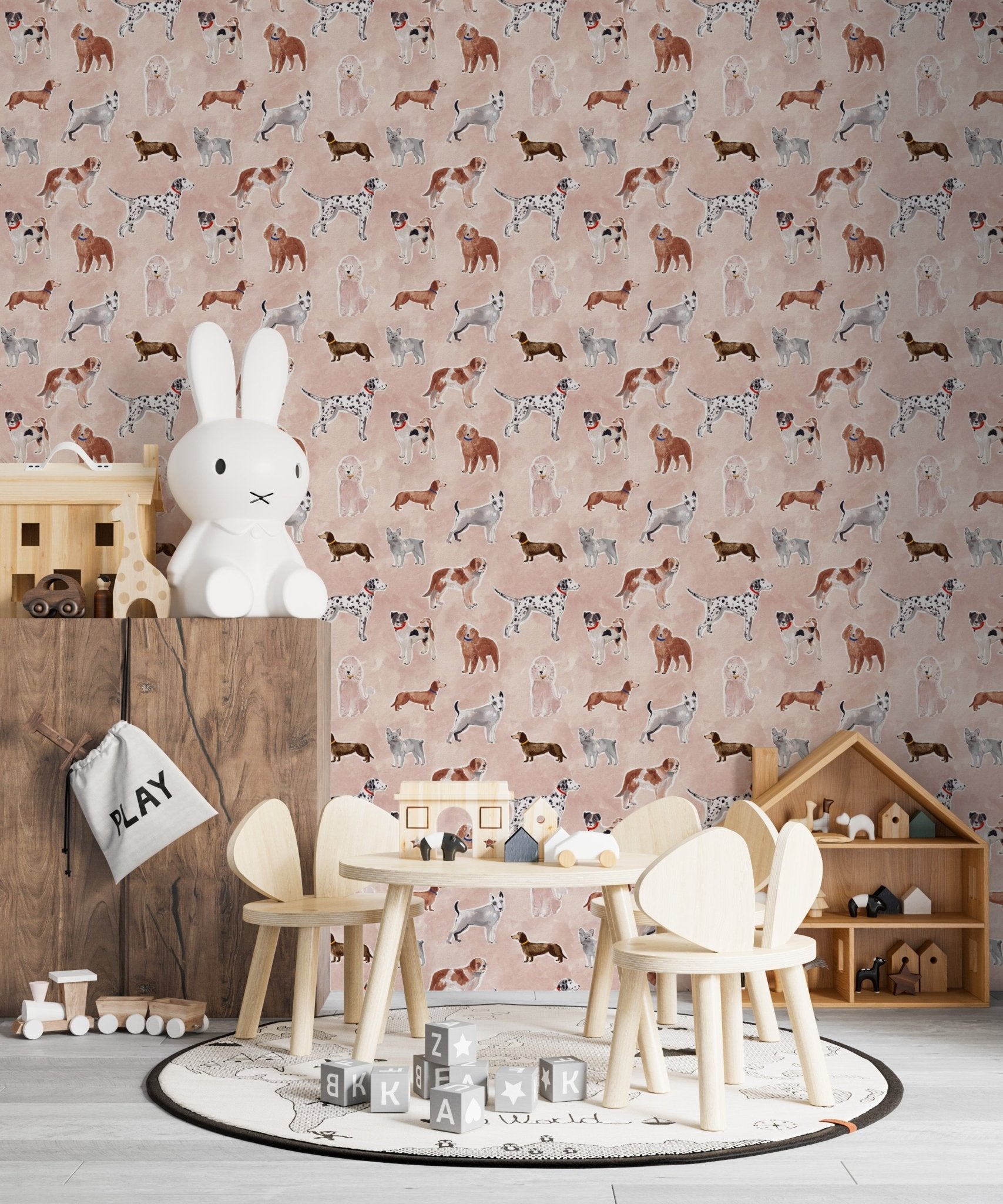 Rigby Dog Print Wallpaper Repeat Pattern | Rose - Munks and Me Wallpaper