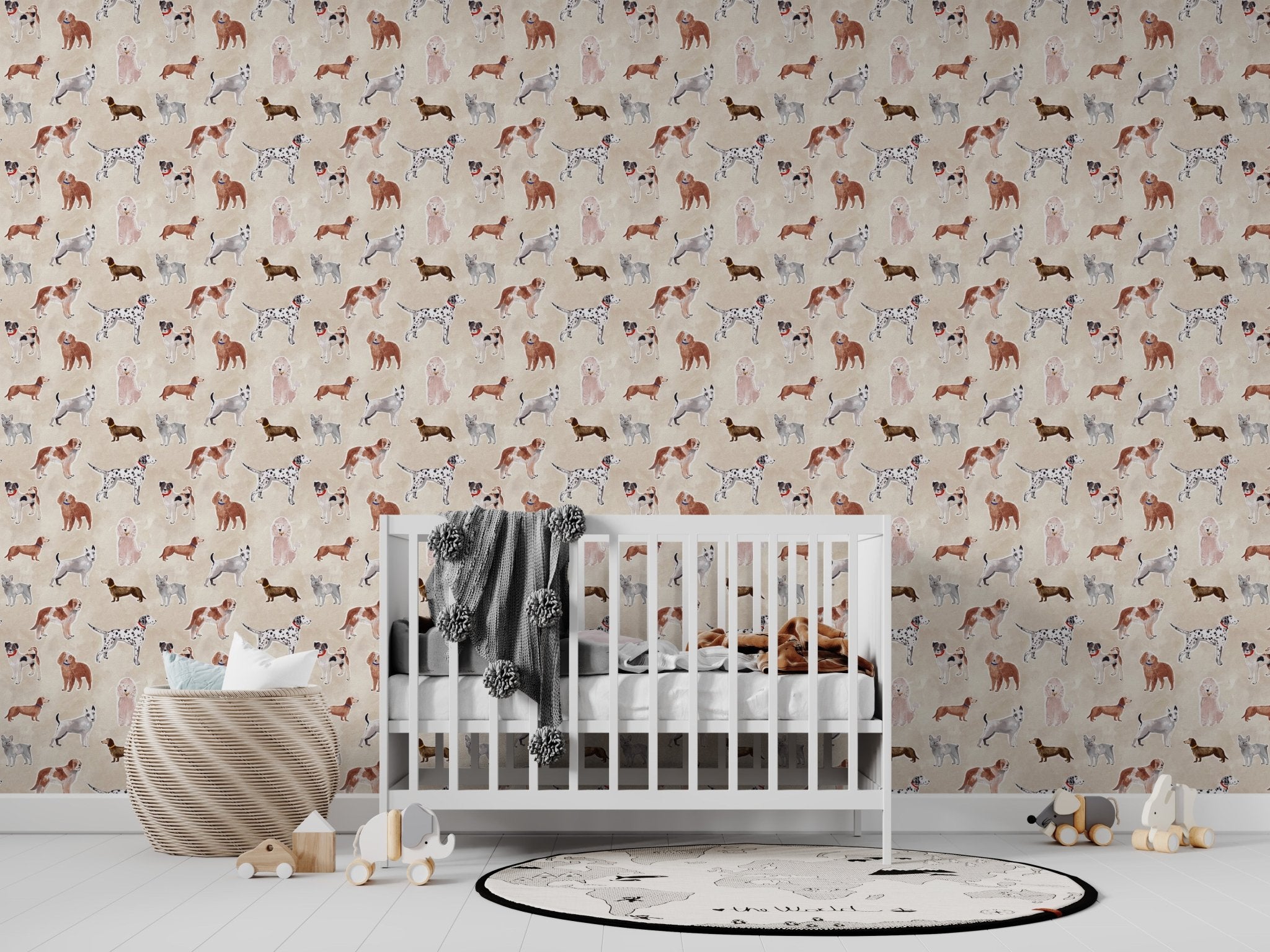 Rigby Dog Print Wallpaper Repeat Pattern | Sand - Munks and Me Wallpaper