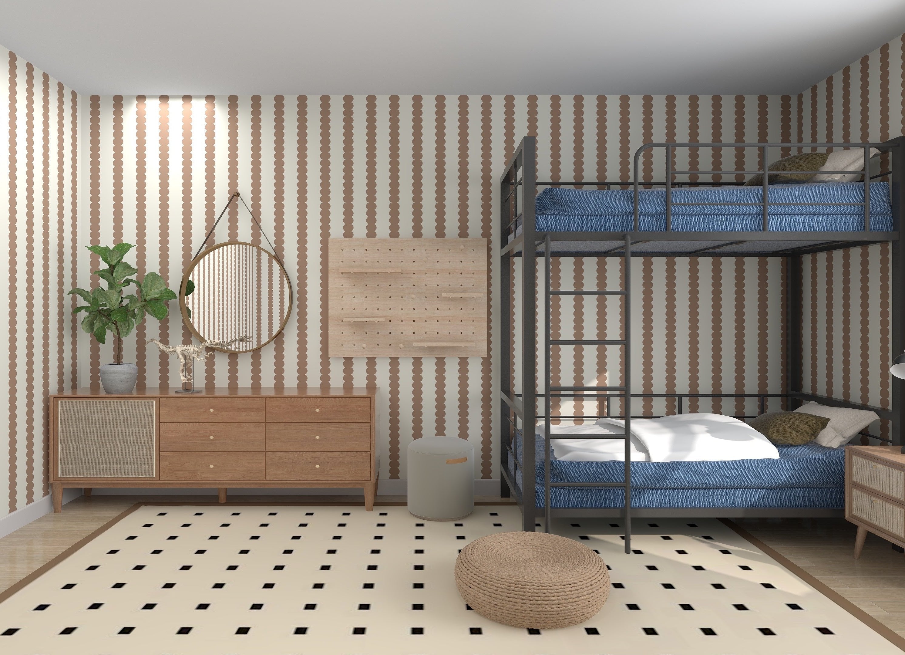 A modern bedroom has Scallop Stripe Wallpaper Latte by munks and me, a bunk bed with blue bedding, a wooden dresser with a round mirror, a potted plant, a wall pegboard, and a polka dot rug on light wood flooring.
