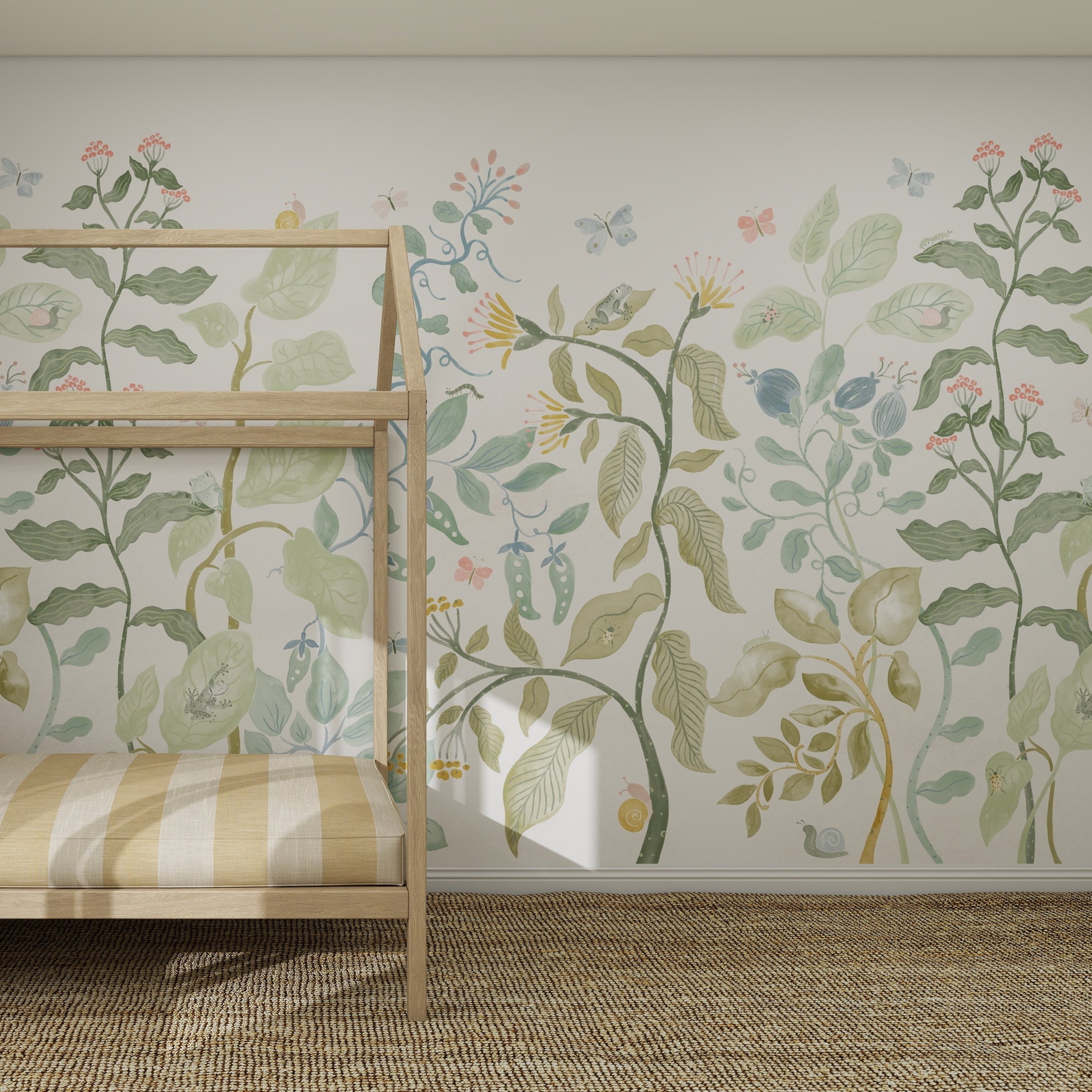 A children’s bedroom with a wooden bed, striped bedding, a natural woven rug, and Secret Garden Wallpaper Mural featuring large illustrated plants, flowers, and butterflies in soft green and pastel shades.