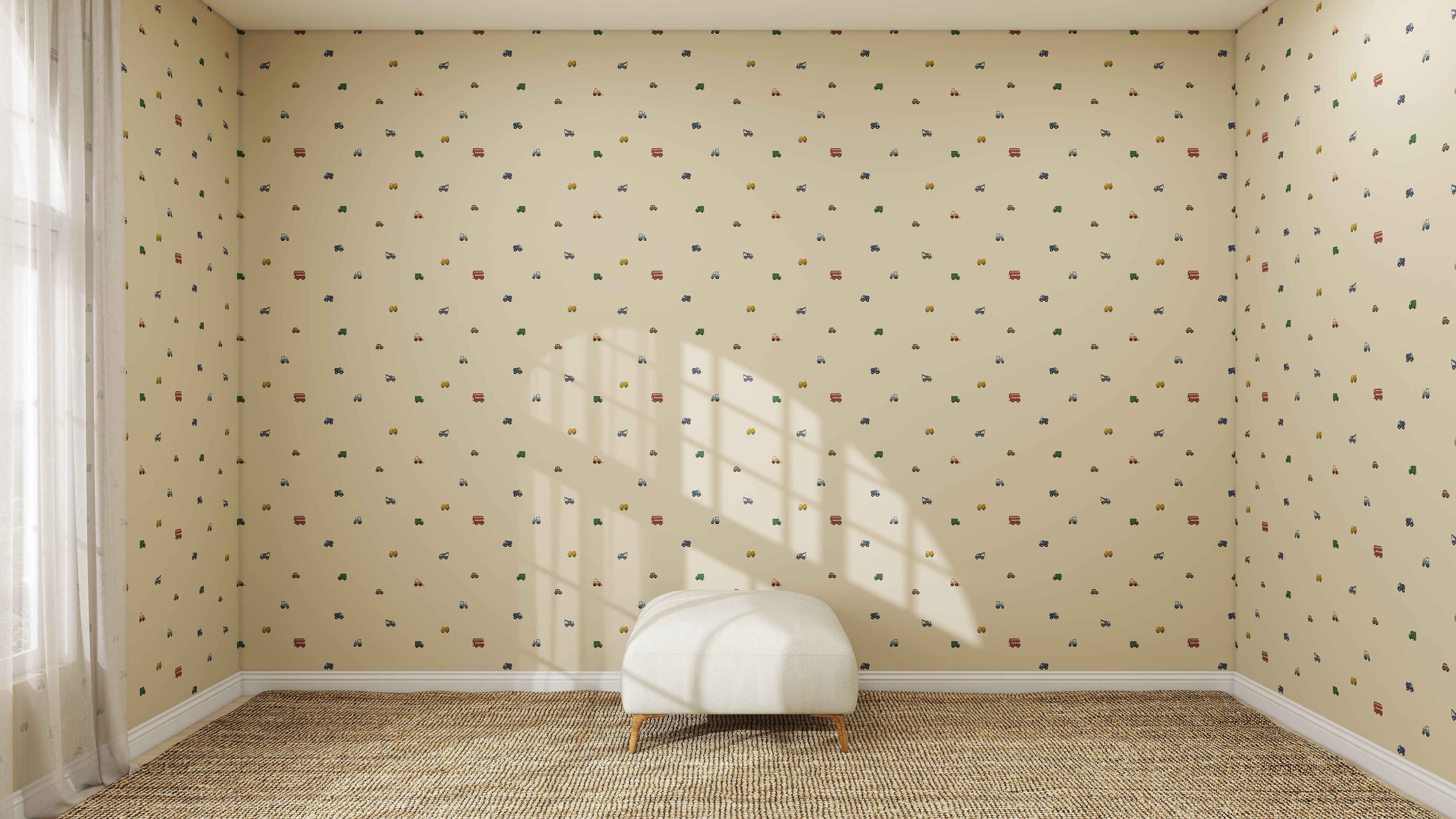 A minimalist room with Transport Trail Wallpaper | Beige, featuring small colorful shapes, a white upholstered chair, woven carpet, and sunlight streaming through the window casting gentle shadows on the wall.